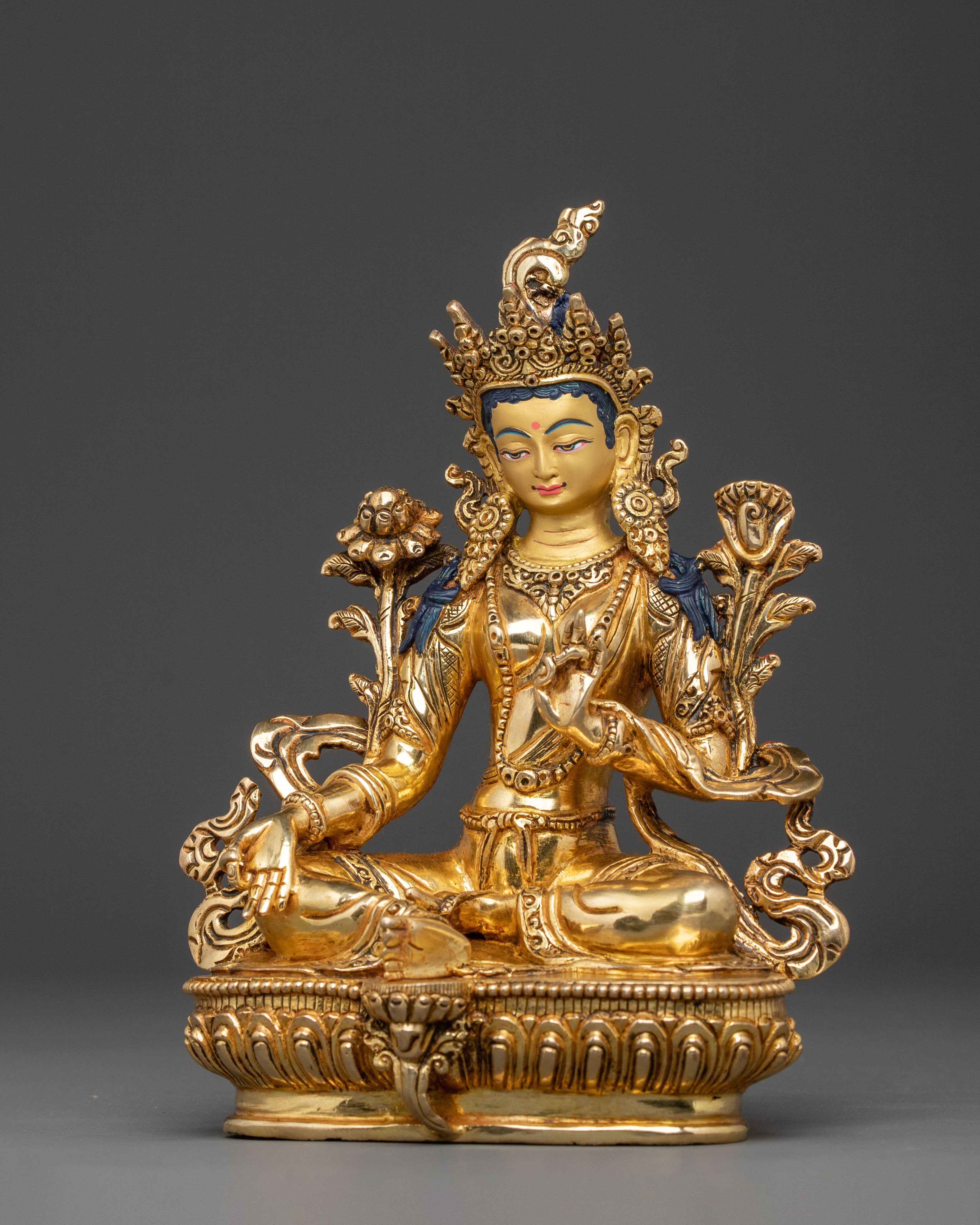 Green Tara Mother of Compassion Statue: 24K Gold Gilded
