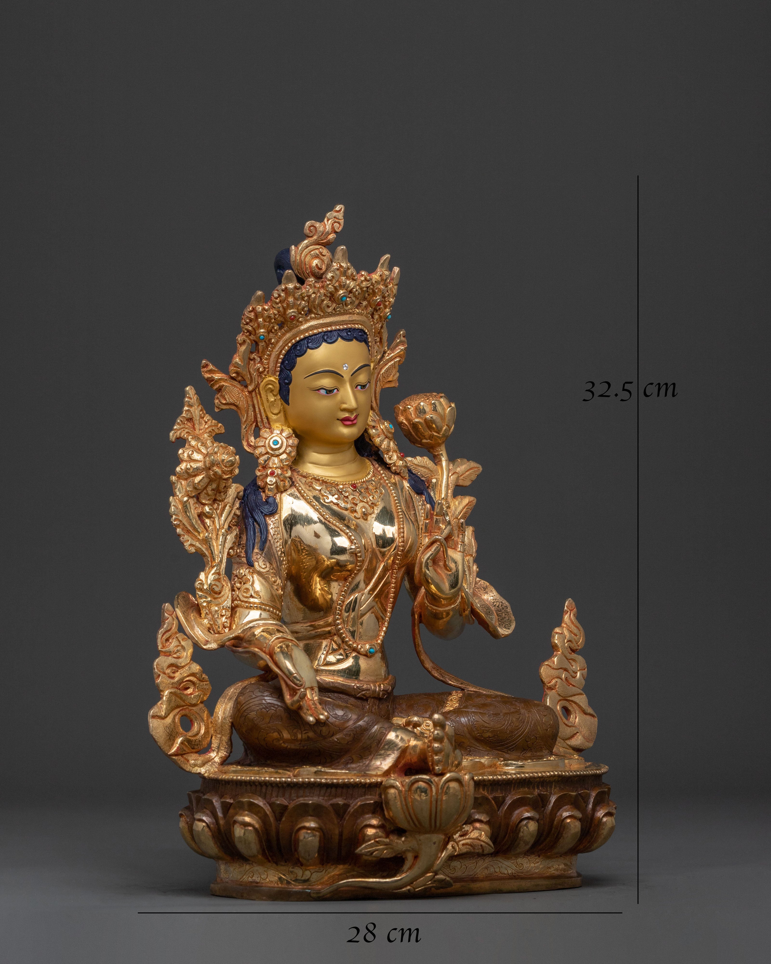 Green Tara Statue: 24K Gold Gilded Copper Sculpture