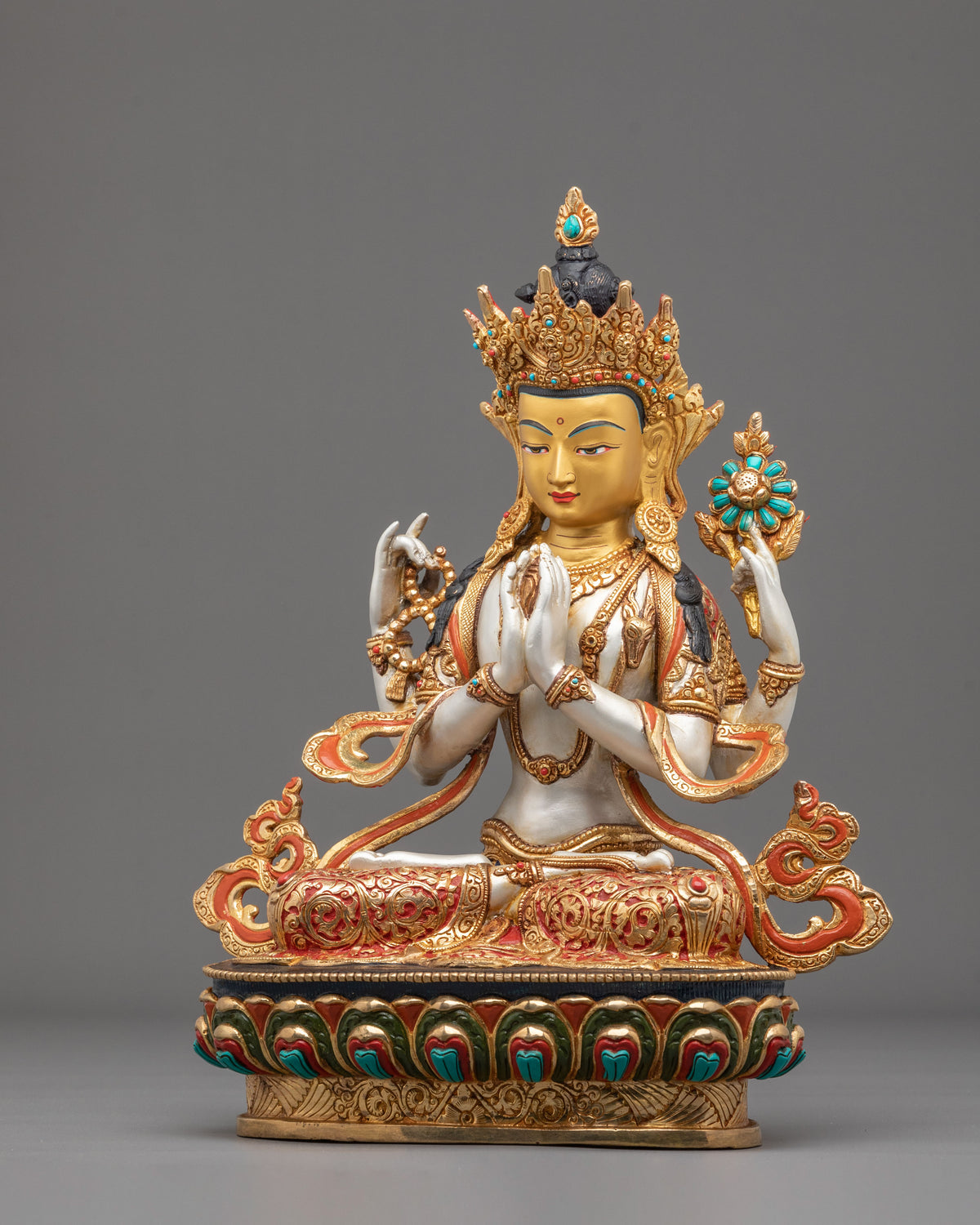 Four Armed Chenrezig Fire Gold Gilded Sculpture | Home Decor