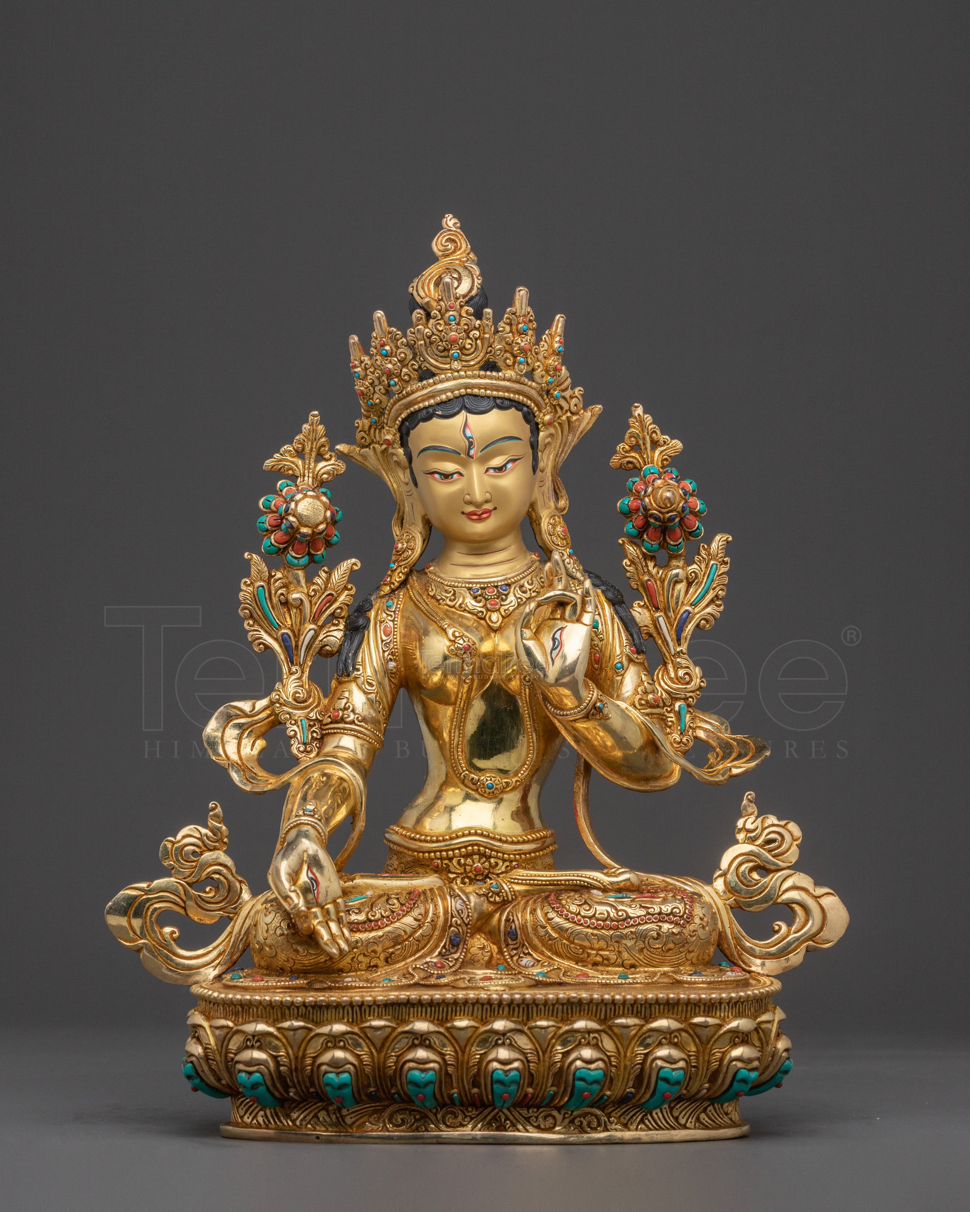Radiant Spiritual Statue of White Tara | 24K Gold Gilded Artistry
