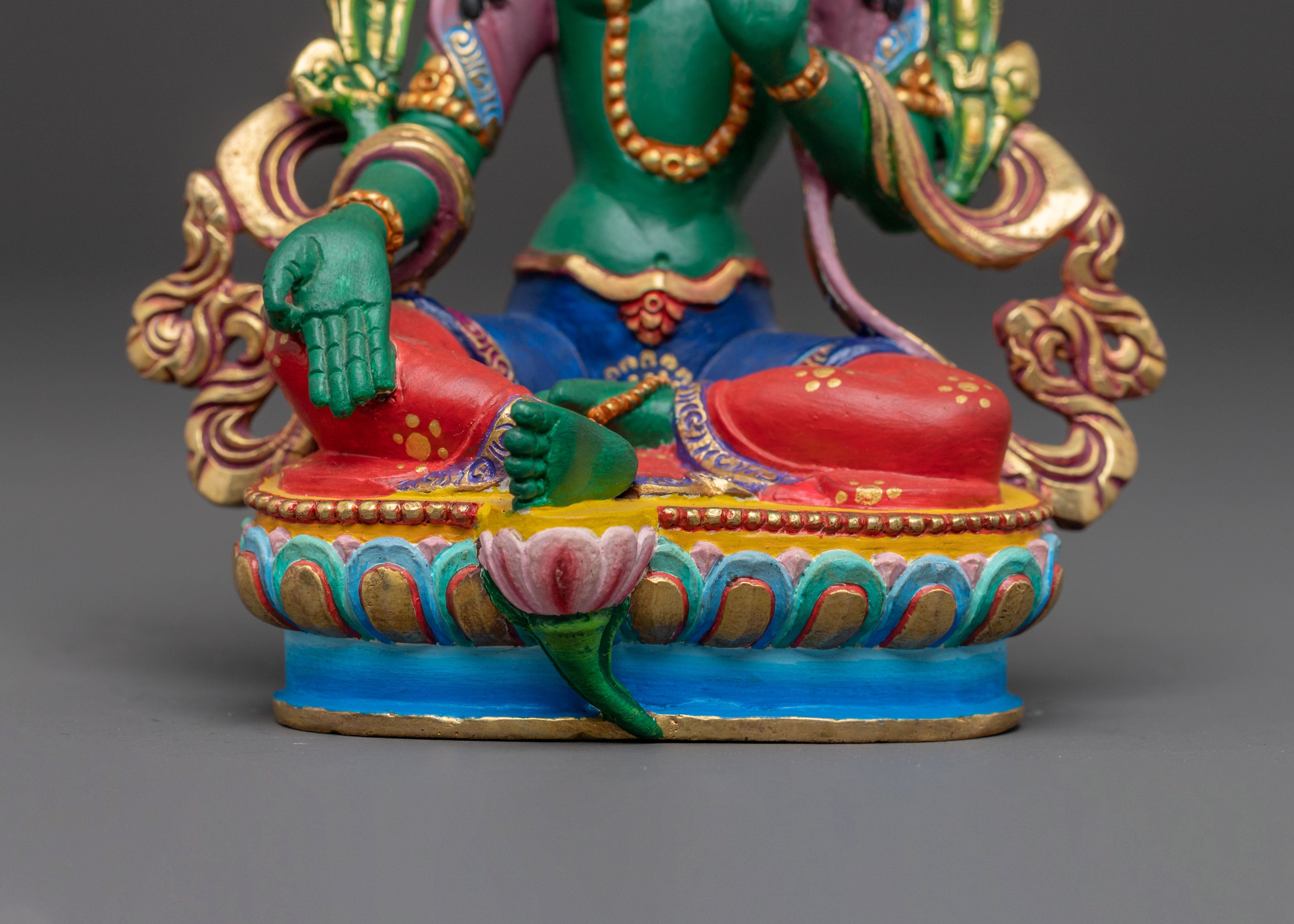 Handmade Green Tara Golden Sculpture | Female Bodhisattva of Compassion