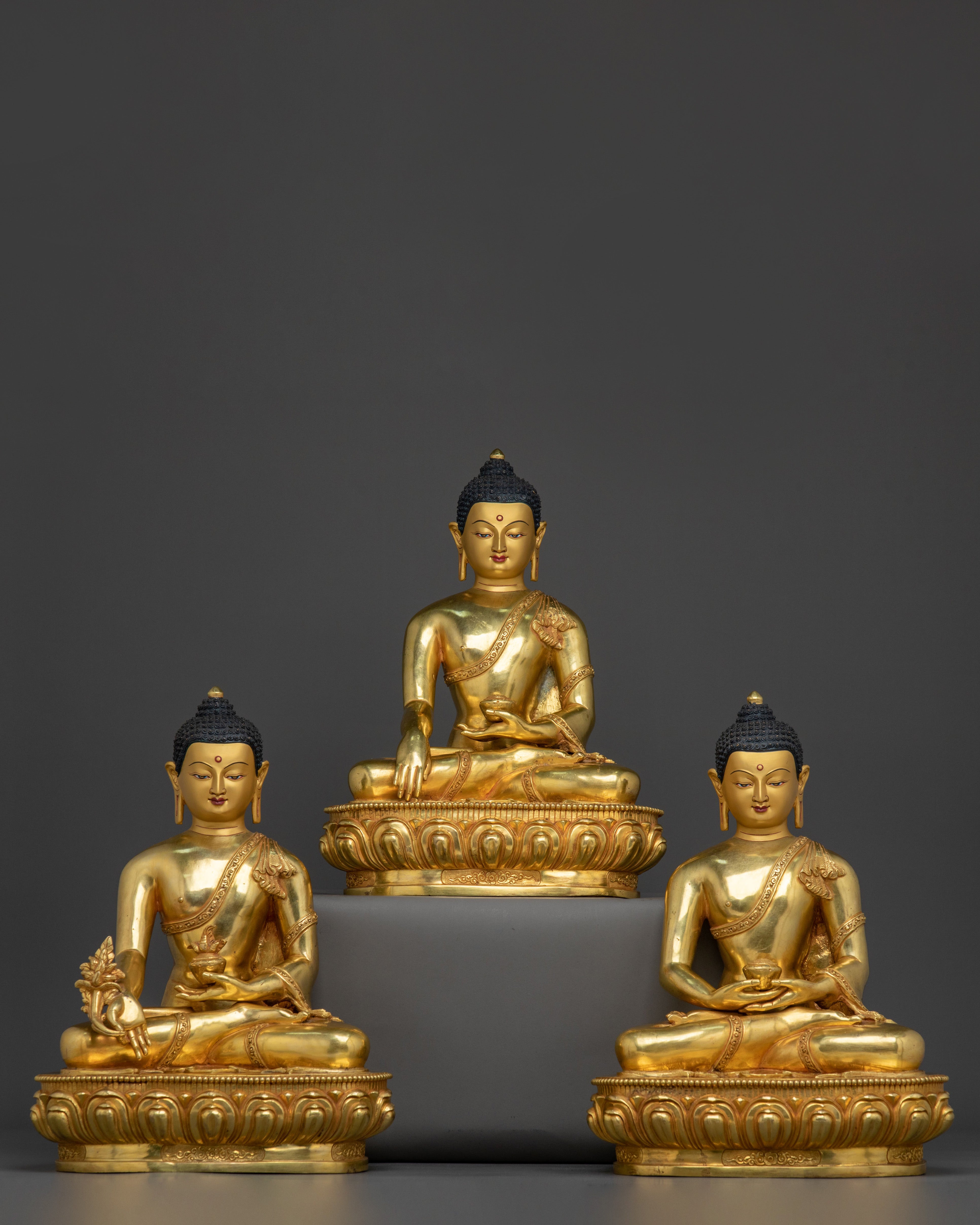 Three Buddhas Golden Statue Set | Sacred Trio of Enlightenment and Wisdom