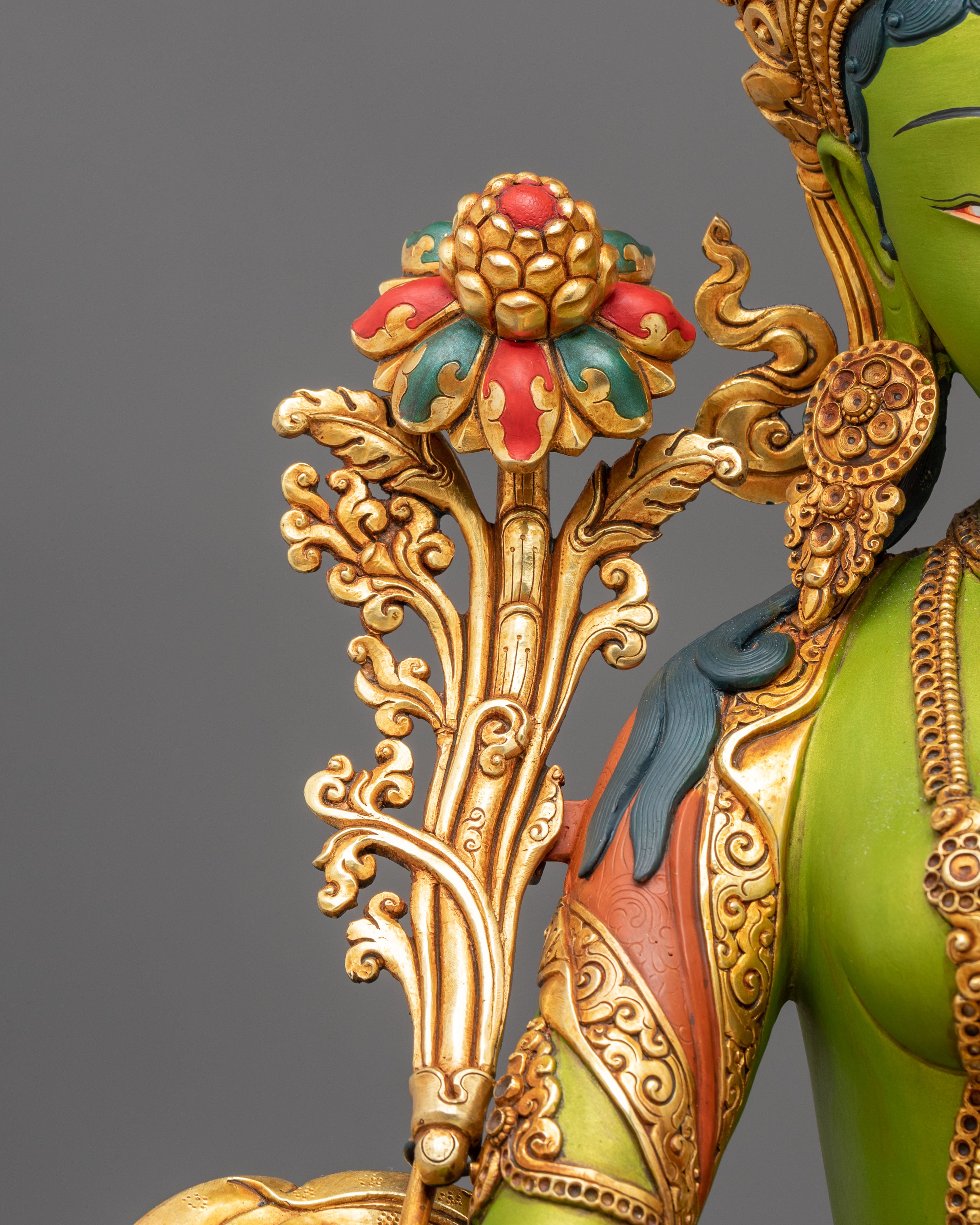 Green Tara Statue | Gold and Acrylic Painted Figurine