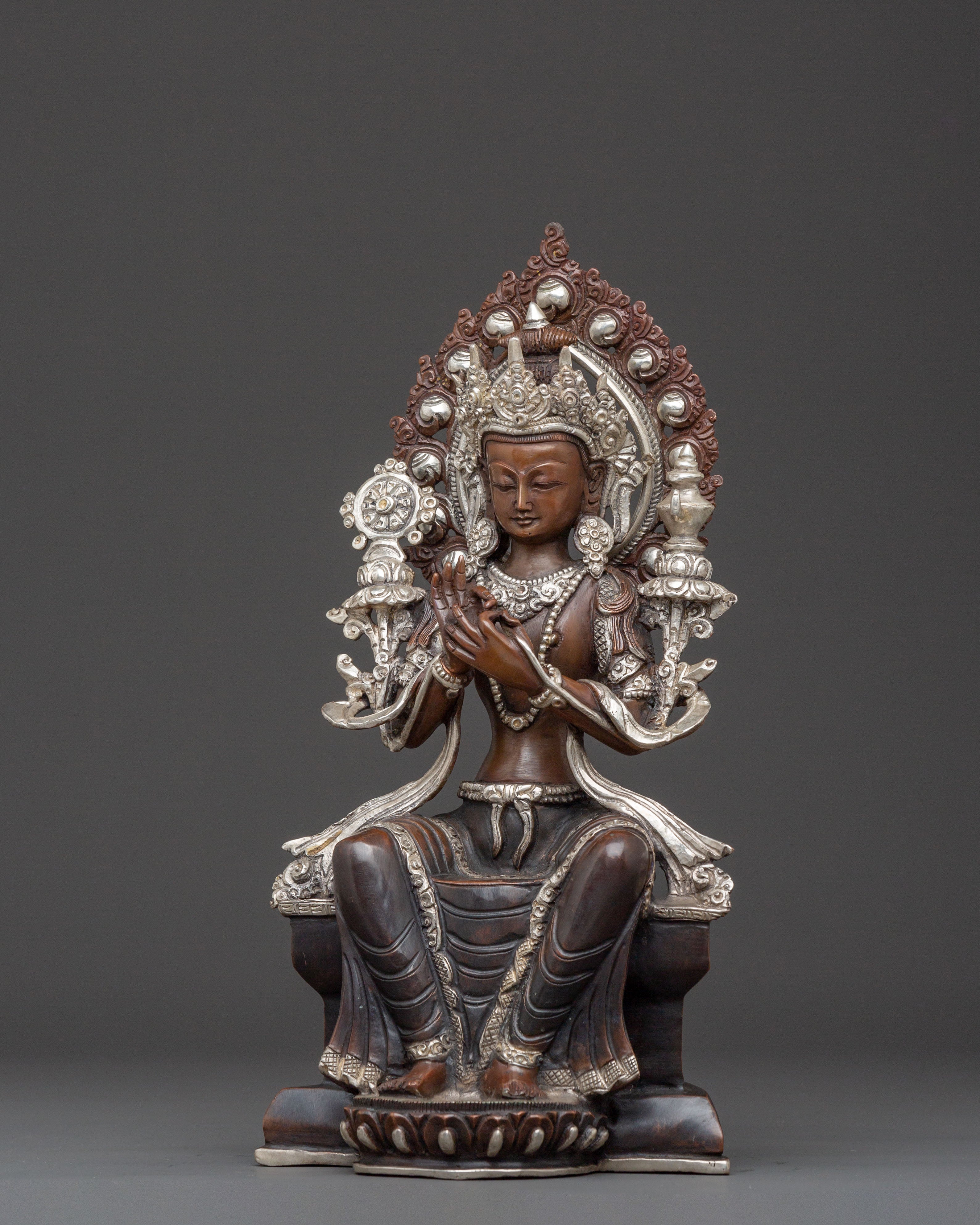 Sacred Maitreya Buddha Copper Statue – Tranquil Silver Finish