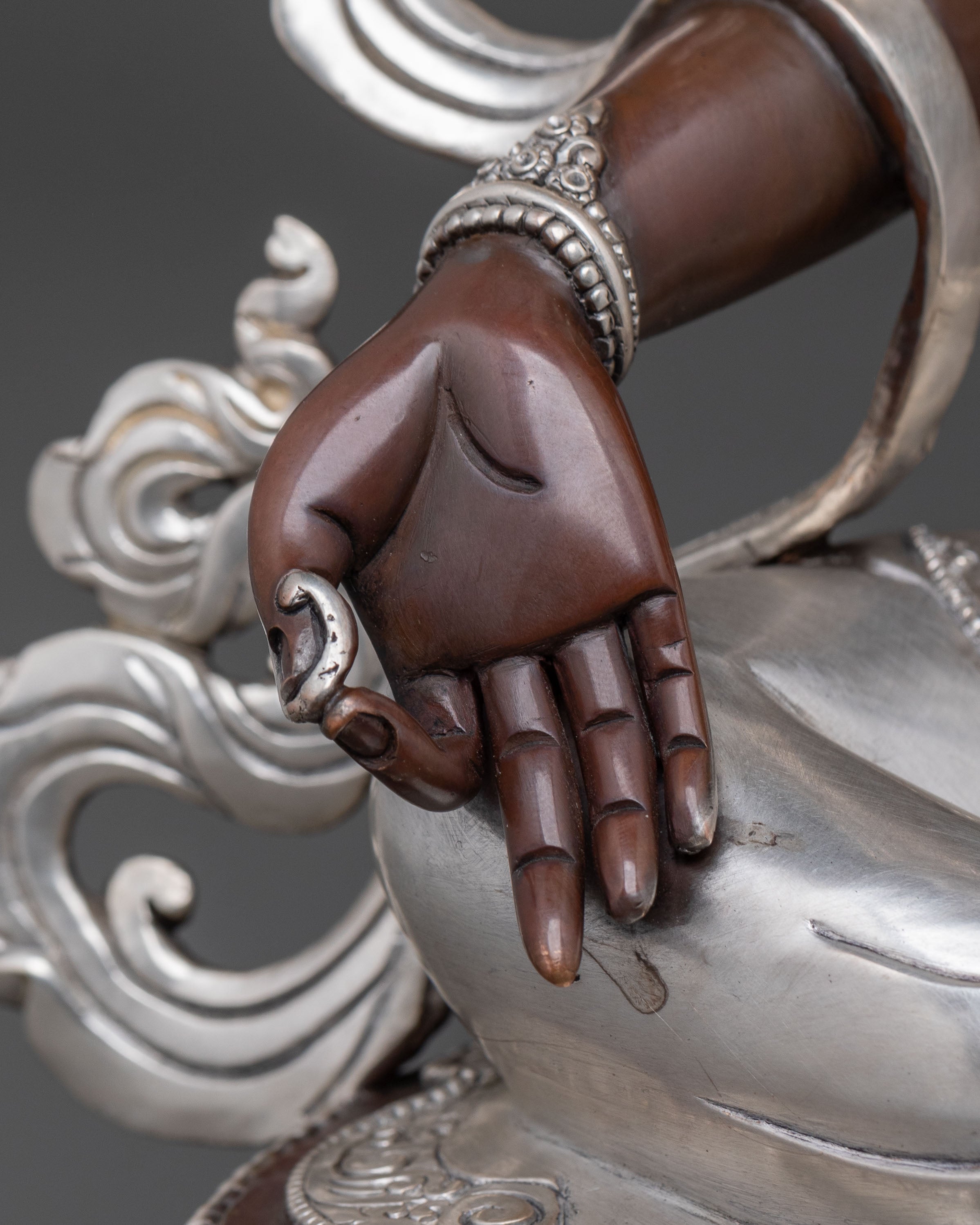 Green Tara: Oxidized Copper Statue with Silver Plated