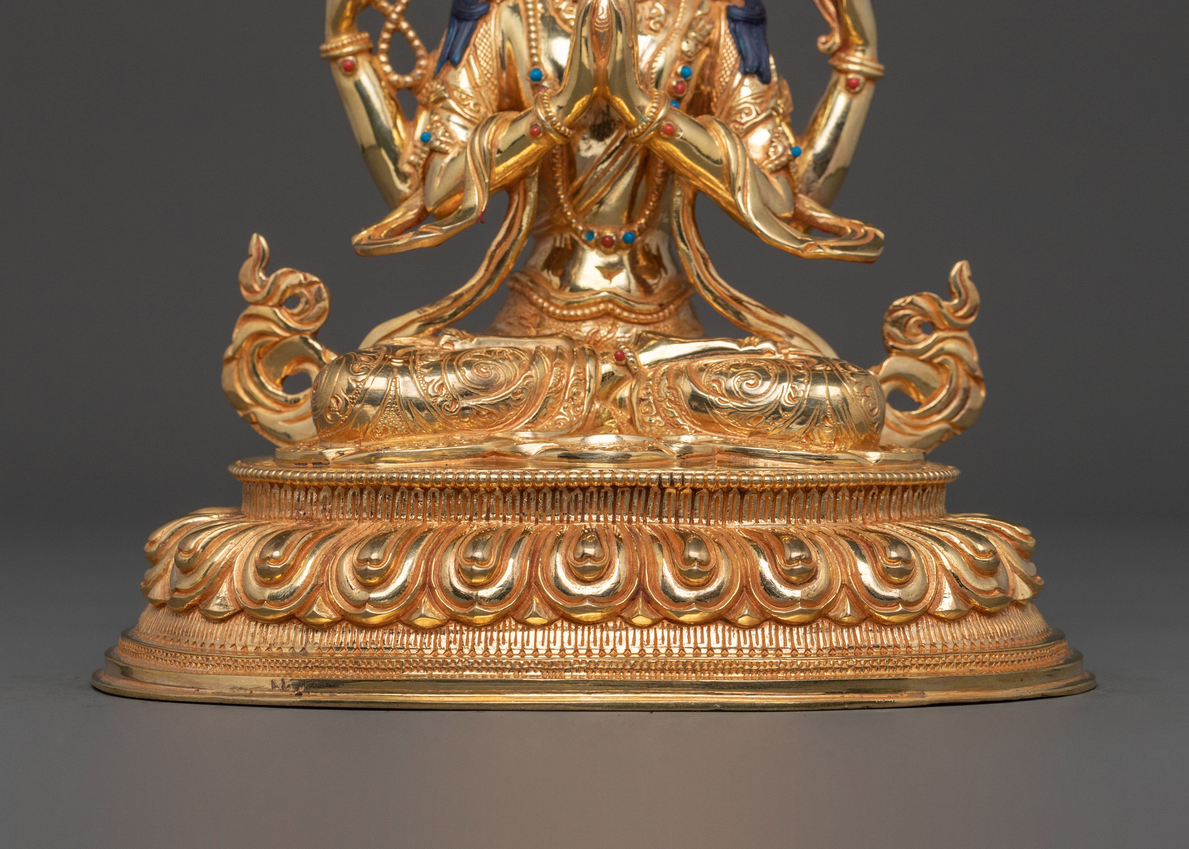 Four Armed Chenrezig Sacred Statue in Shimmering 24K Gold