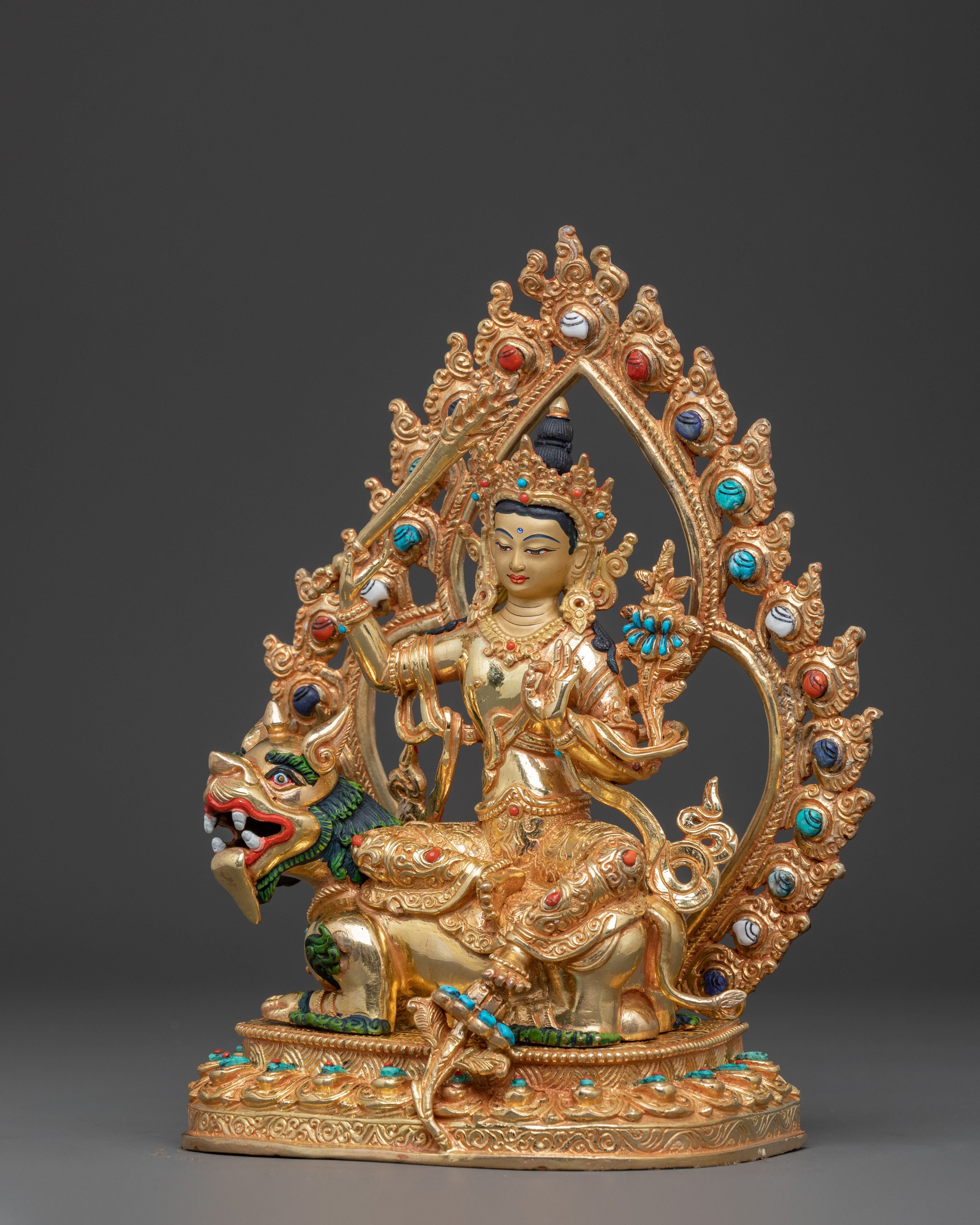 Simhanada Manjushri Wisdom Statue – Gold Gilded Copper Statue