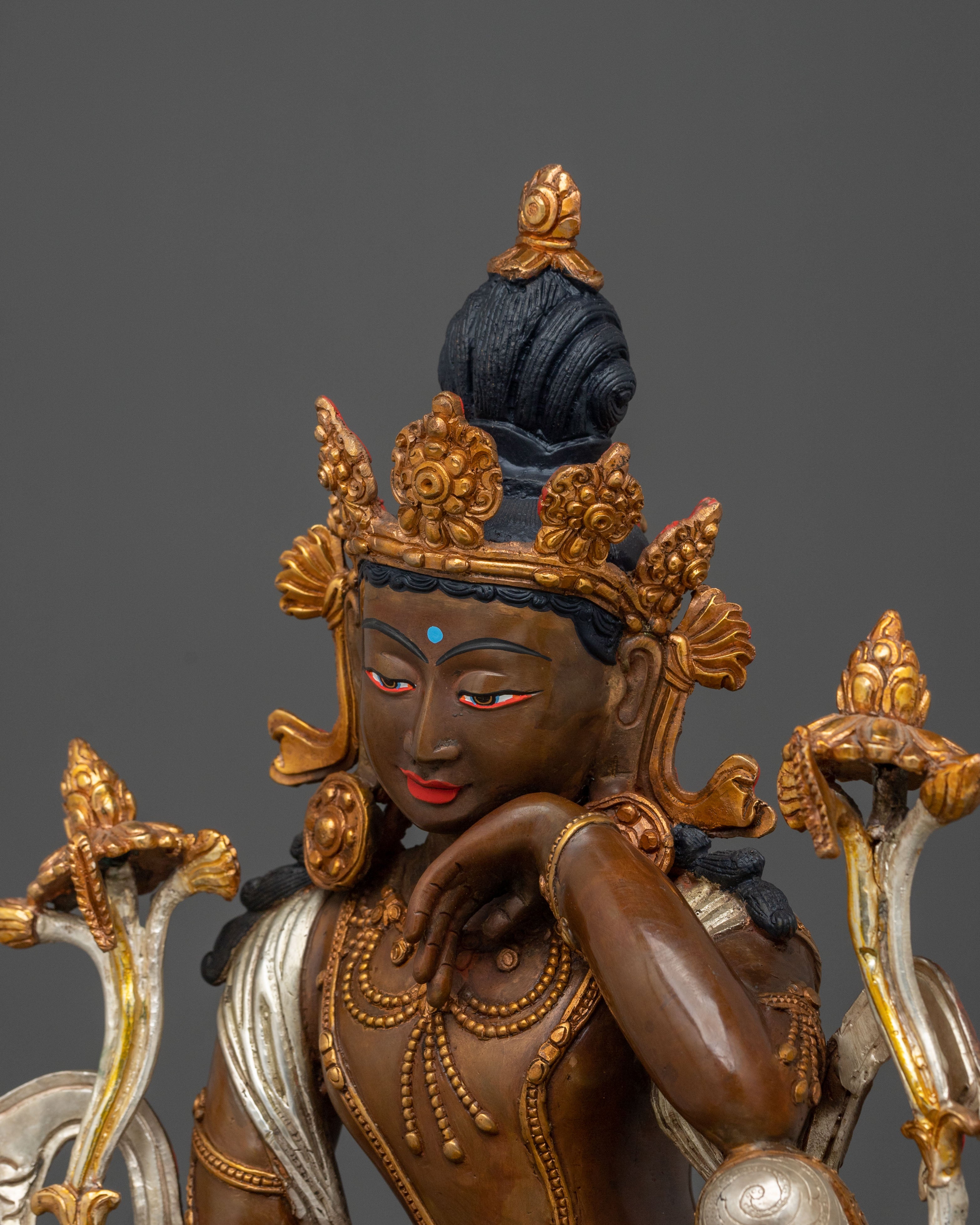 Avalokiteshvara Bodhisattva of Compassion Statue in Silver and Gold Plated