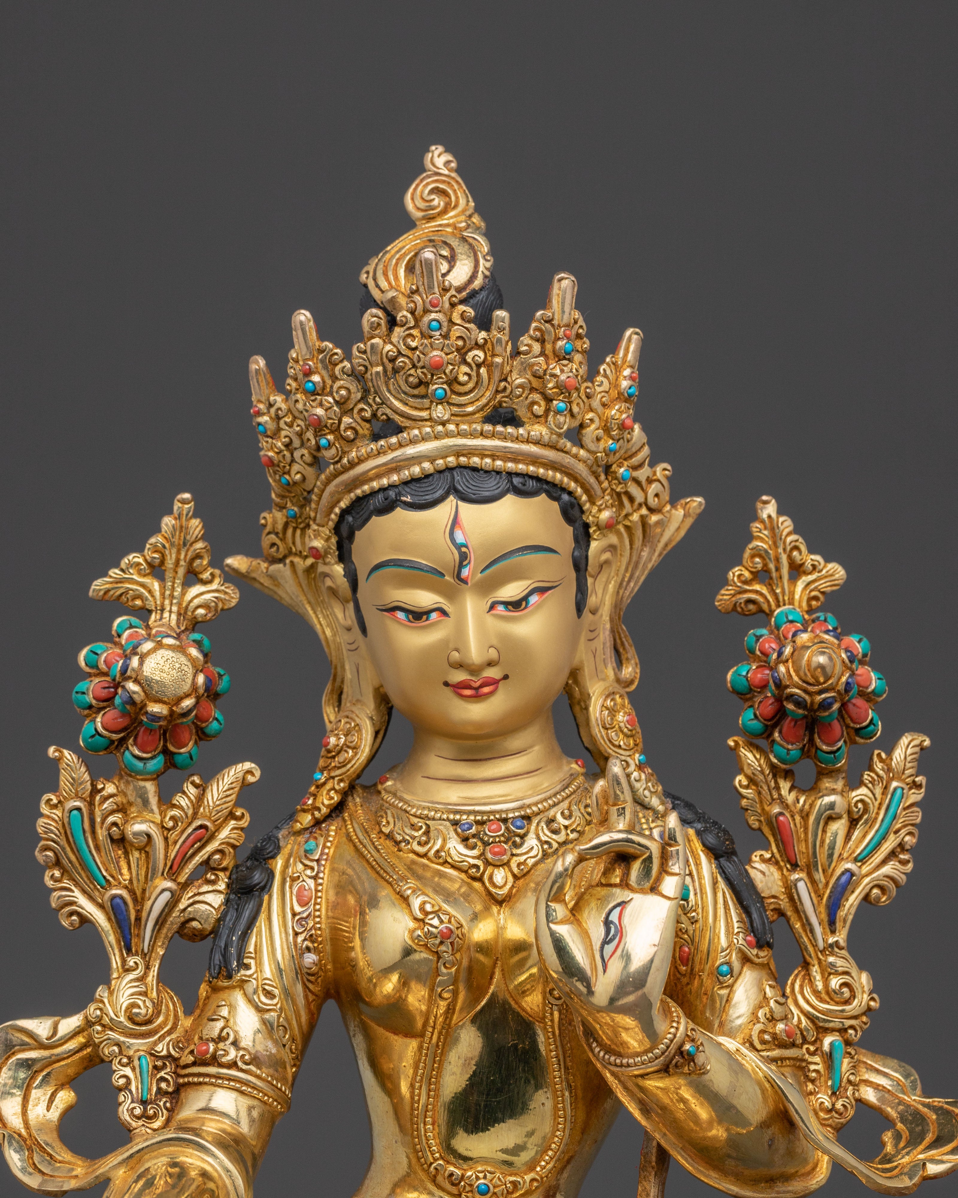 Radiant Spiritual Statue of White Tara | 24K Gold Gilded Artistry