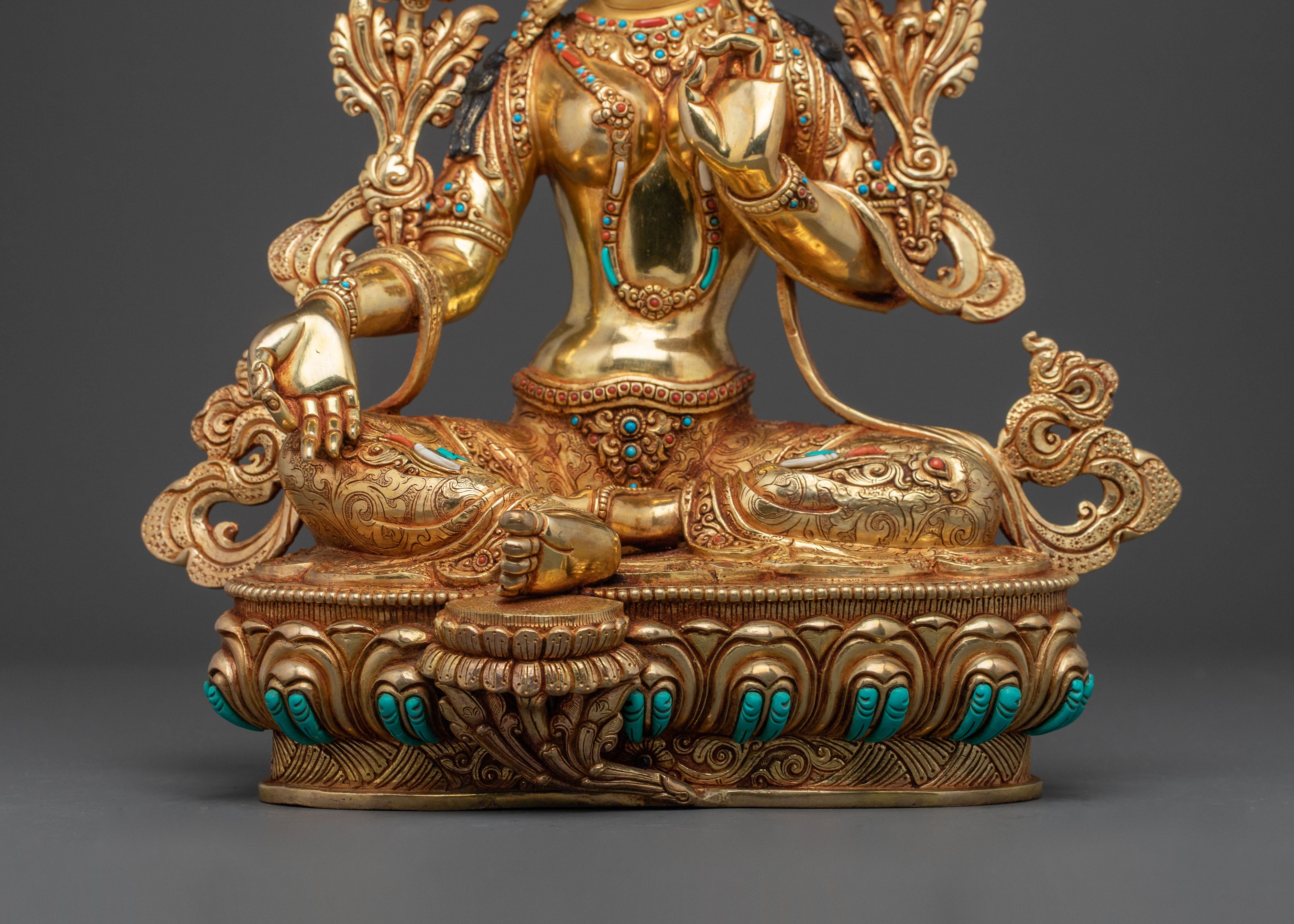 Handcrafted Green Tara Spiritual Statue | Exquisite 24K Gold Gilded