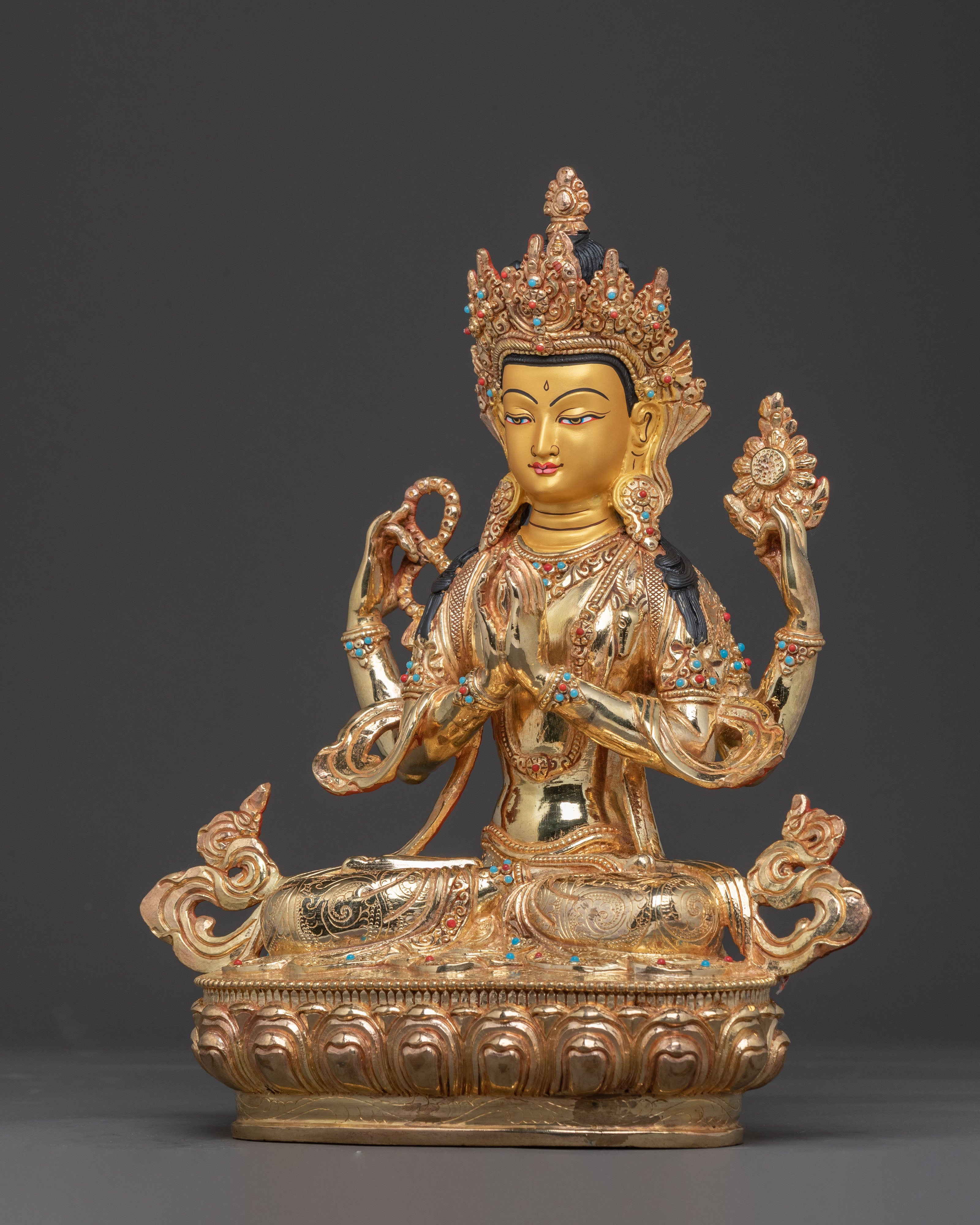 Compassionate Protector Avalokiteshvara Sculpture: Exquisite 24K Gold Gilded