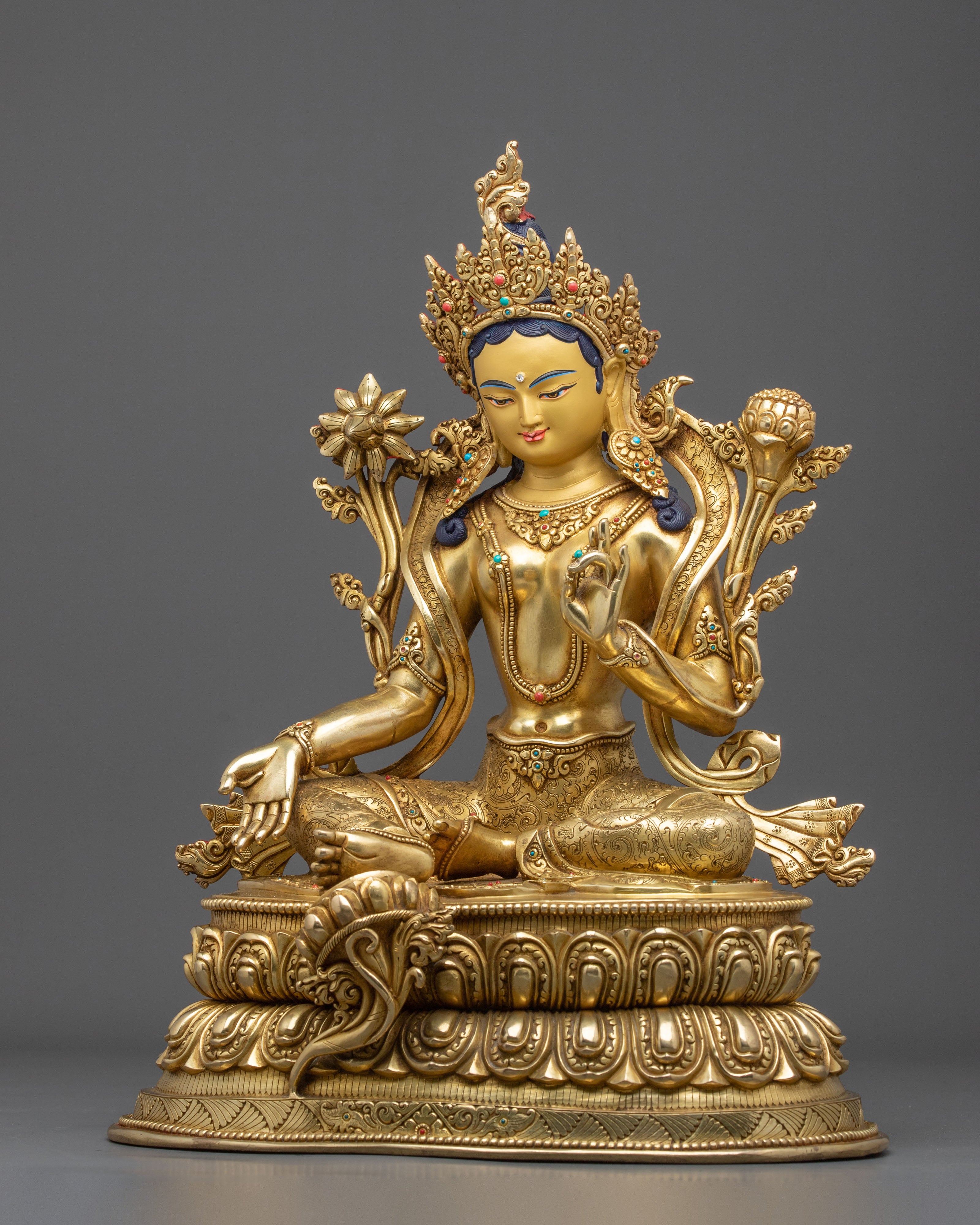 16-Inch Sacred Green Tara 24K Gold Gilded Copper Gemstone Statue