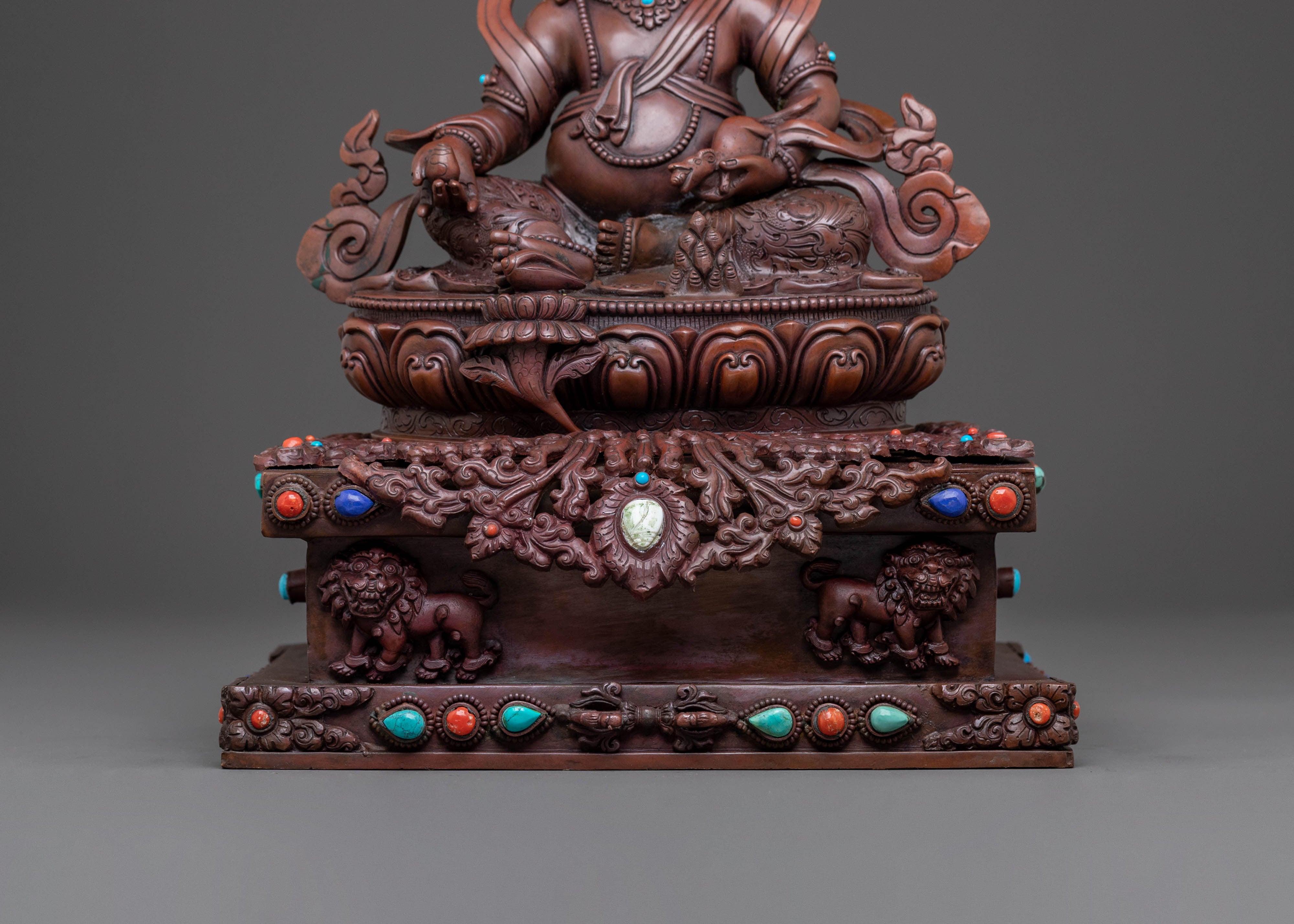 Dzambhala Sacred Statue with Throne - Oxidized Copper