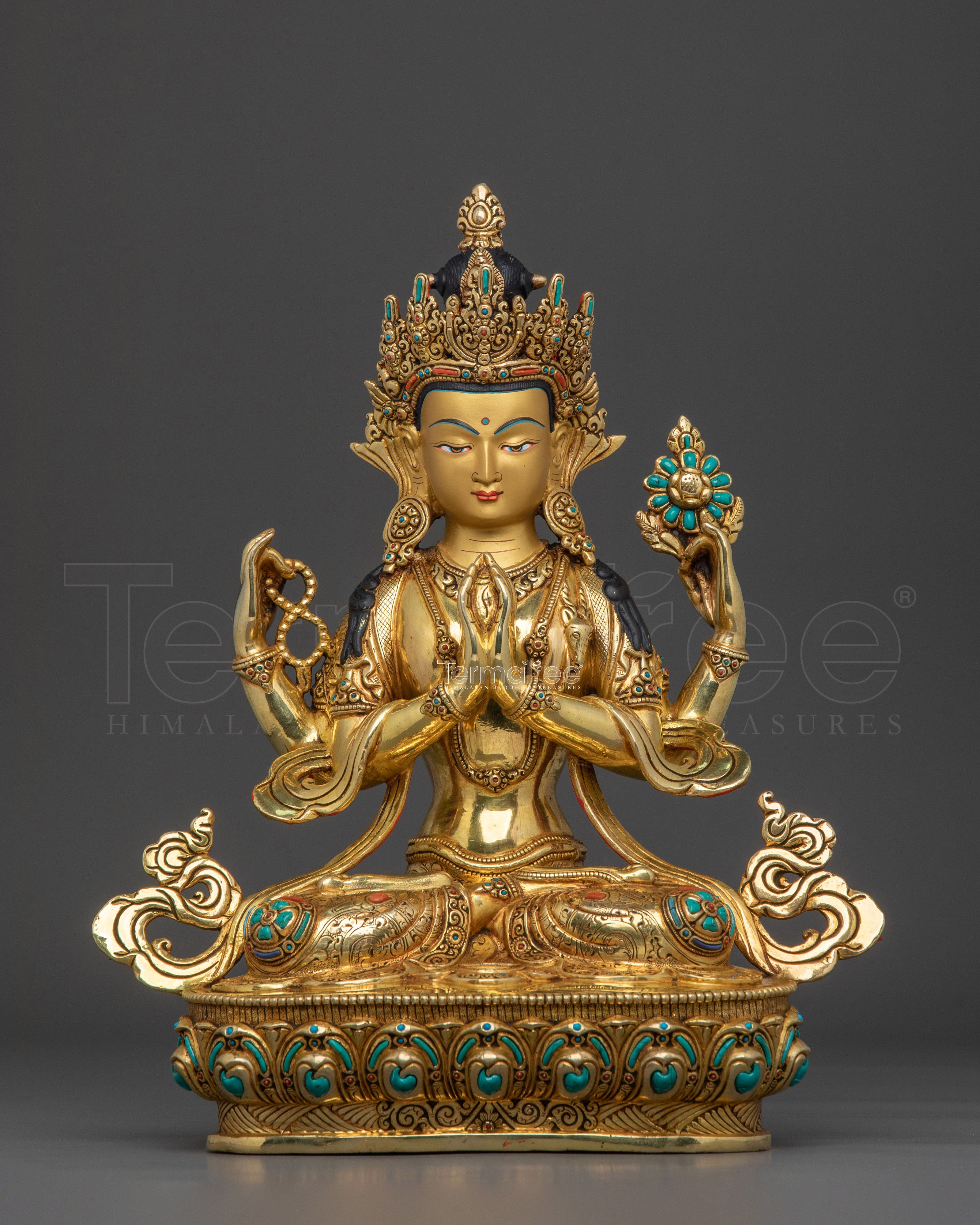 Handcrafted Himalayan Chenrezig Statue with 24K Gold and Fine Gemstones
