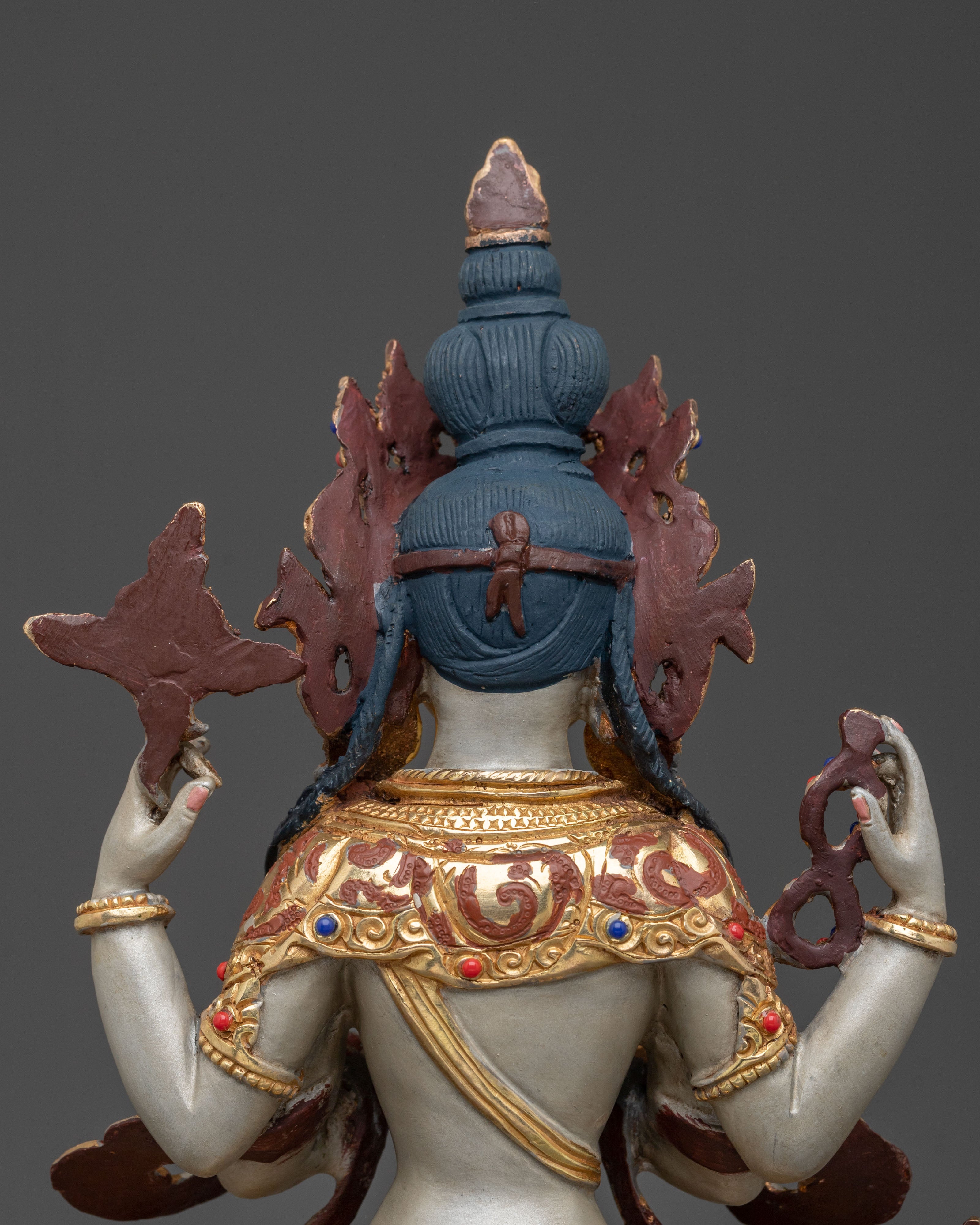 Hand Carved Four Armed Chenrezig Sculpture: Embodiment of Compassion