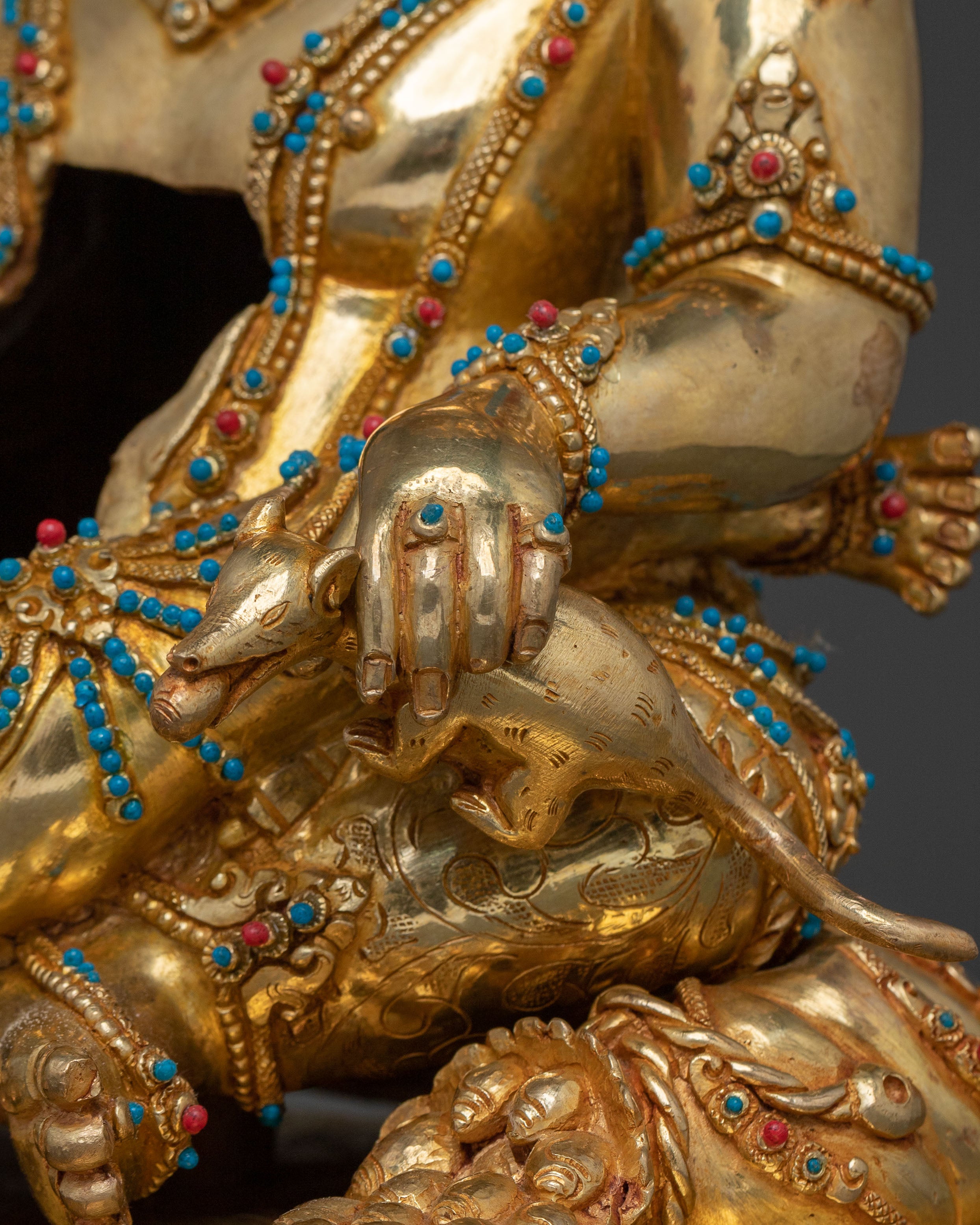 Green Dzambhala 24k Gold Glided Copper Statue | Buddhist Wealth Deity