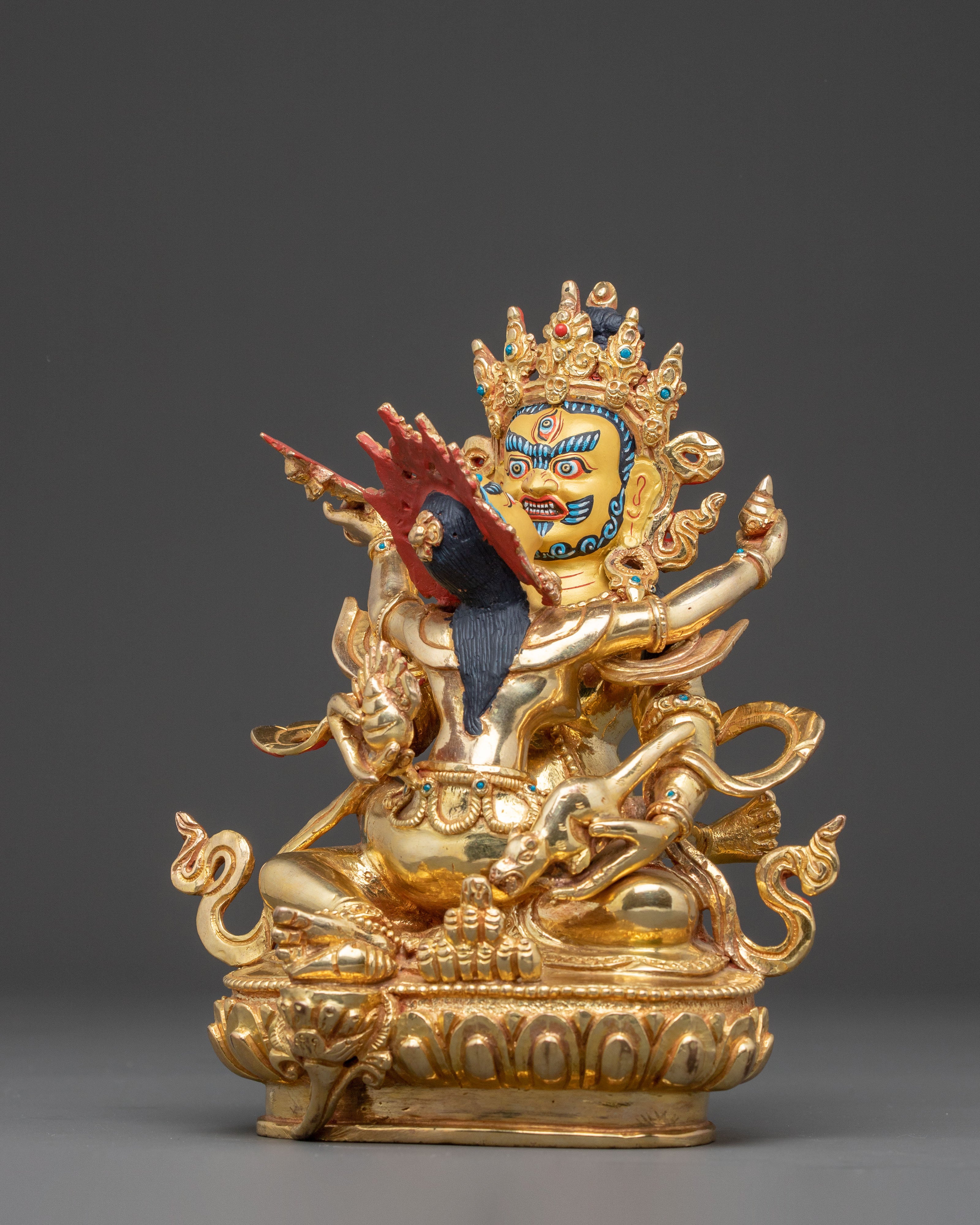 Handcrafted Statue of Red Dzambhala: Tibetan Wealth Deity,