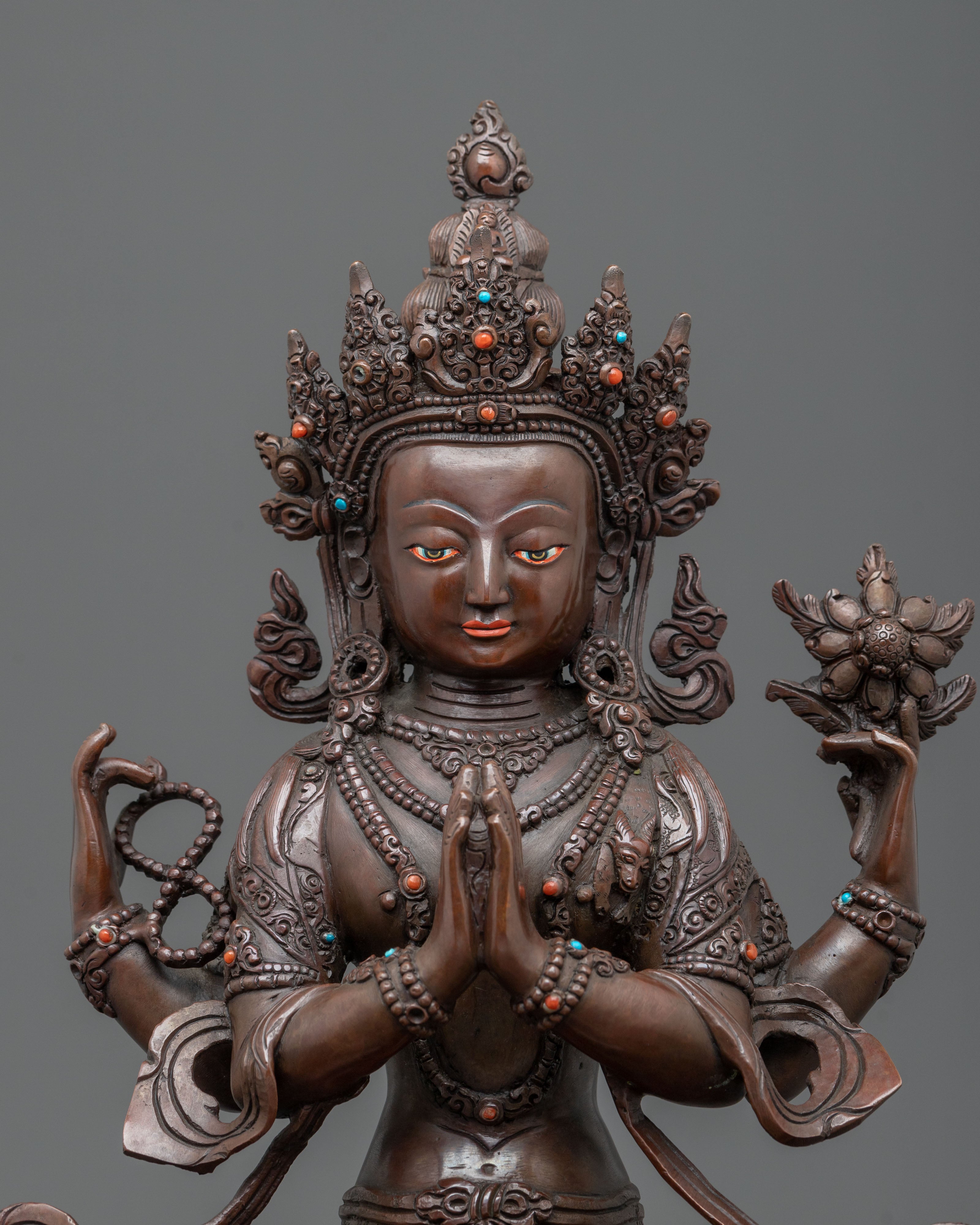 Chenrezig Oxidized Copper Statue Adorned with Gemstones