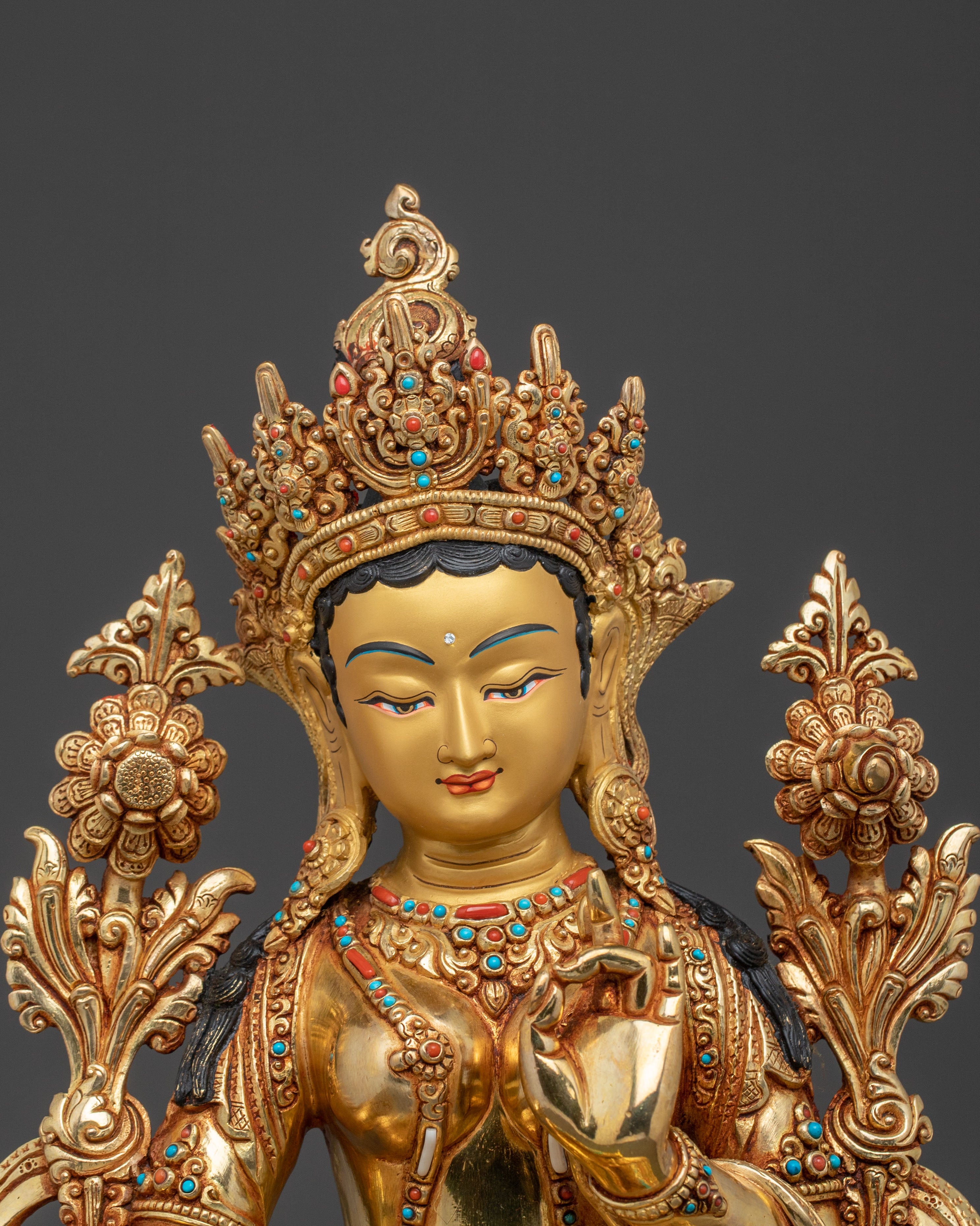 Handcrafted Green Tara Spiritual Statue | Exquisite 24K Gold Gilded