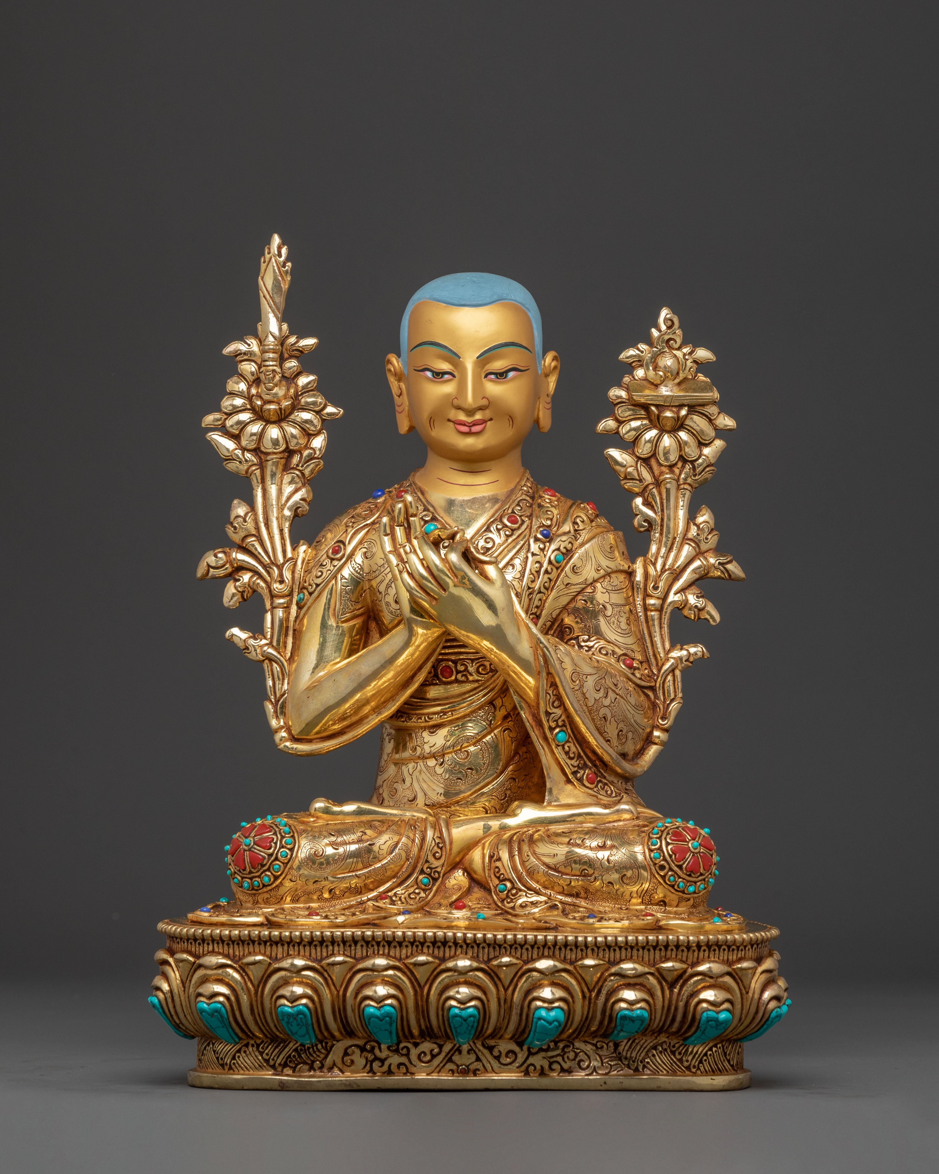 Tsongkhapa 24K Gold Gilded Statue Set for Altar