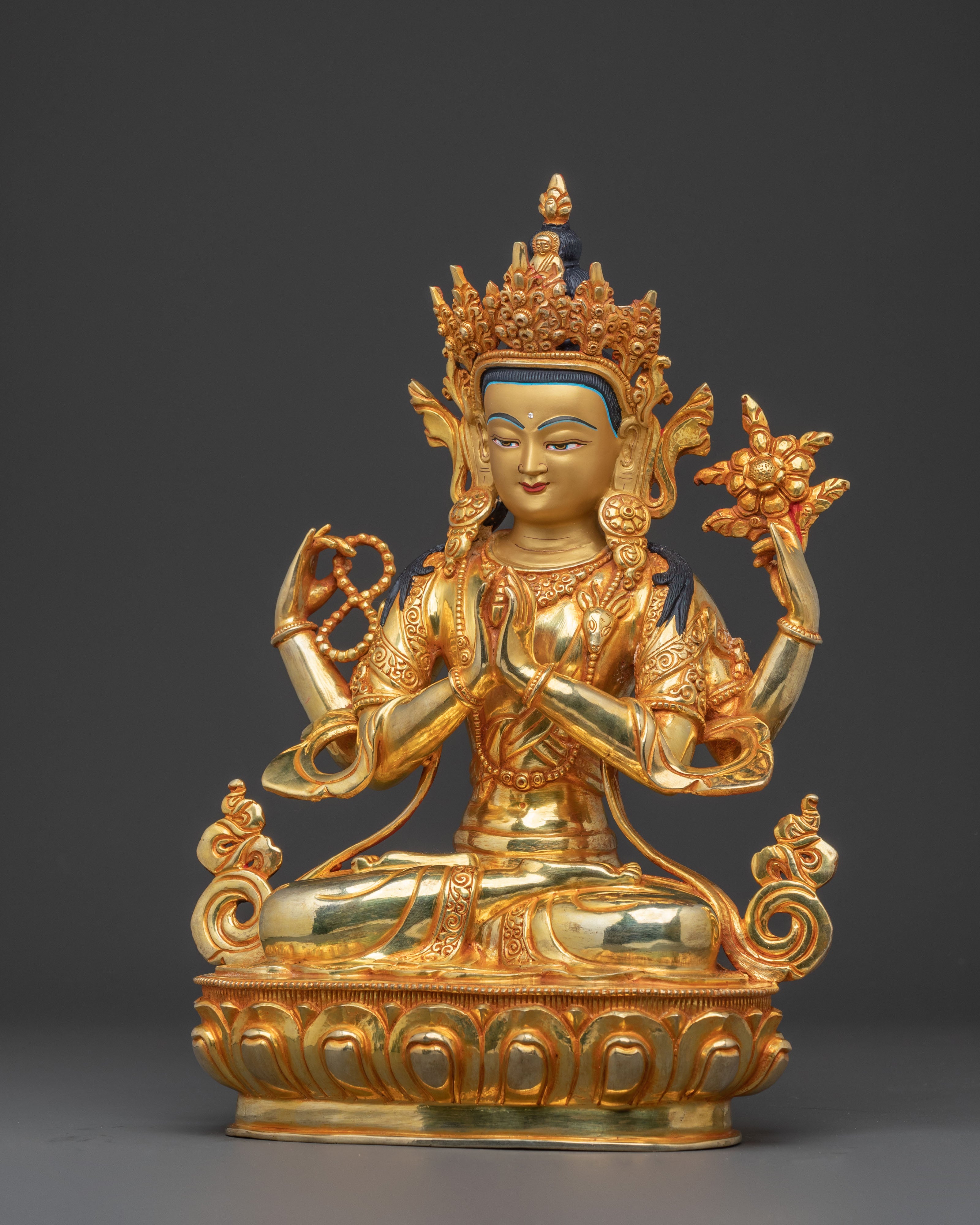 Chenrezig Buddha Statue - 24K Gold Gilded Copper Avalokiteshvara
