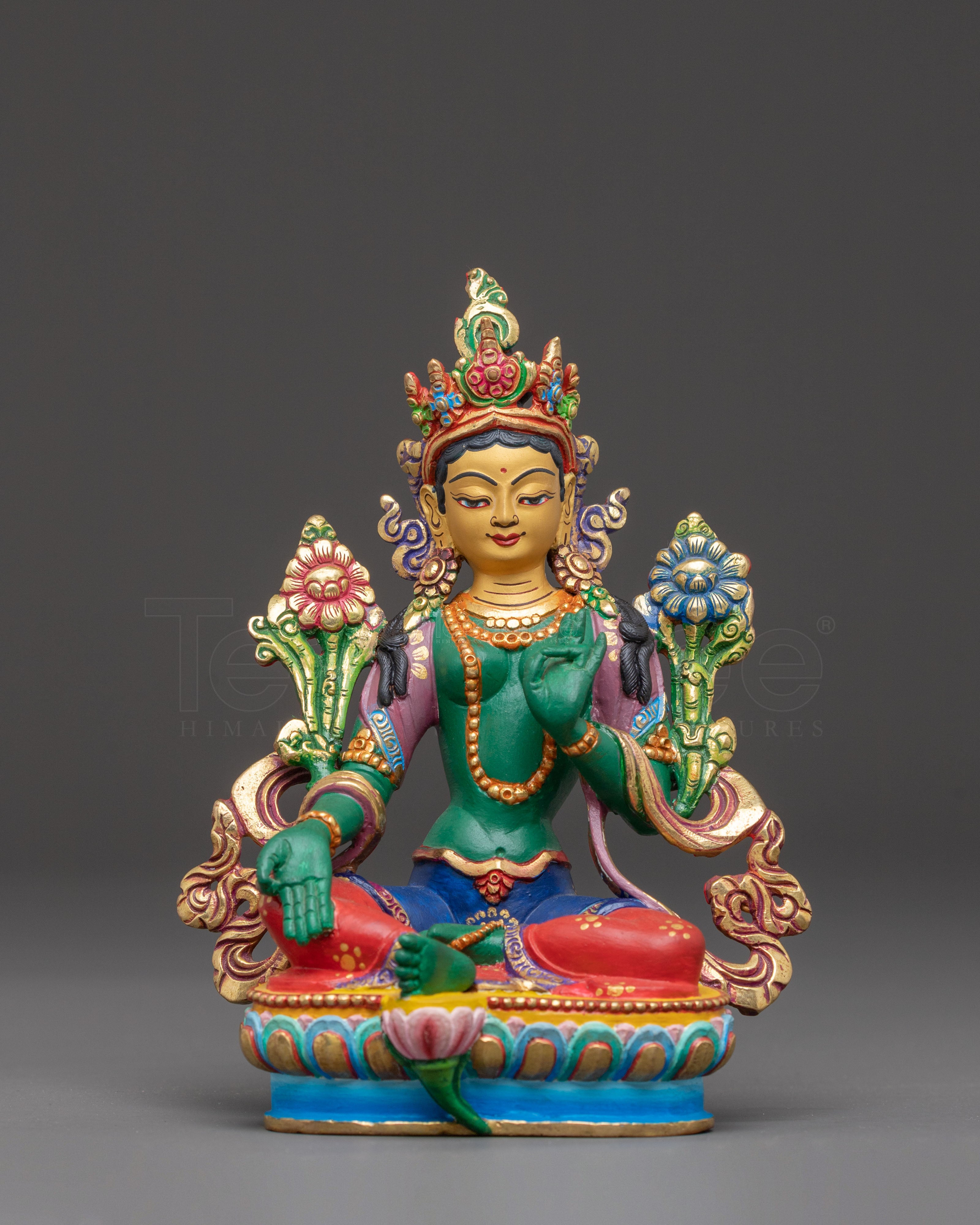 Handmade Green Tara Golden Sculpture | Female Bodhisattva of Compassion