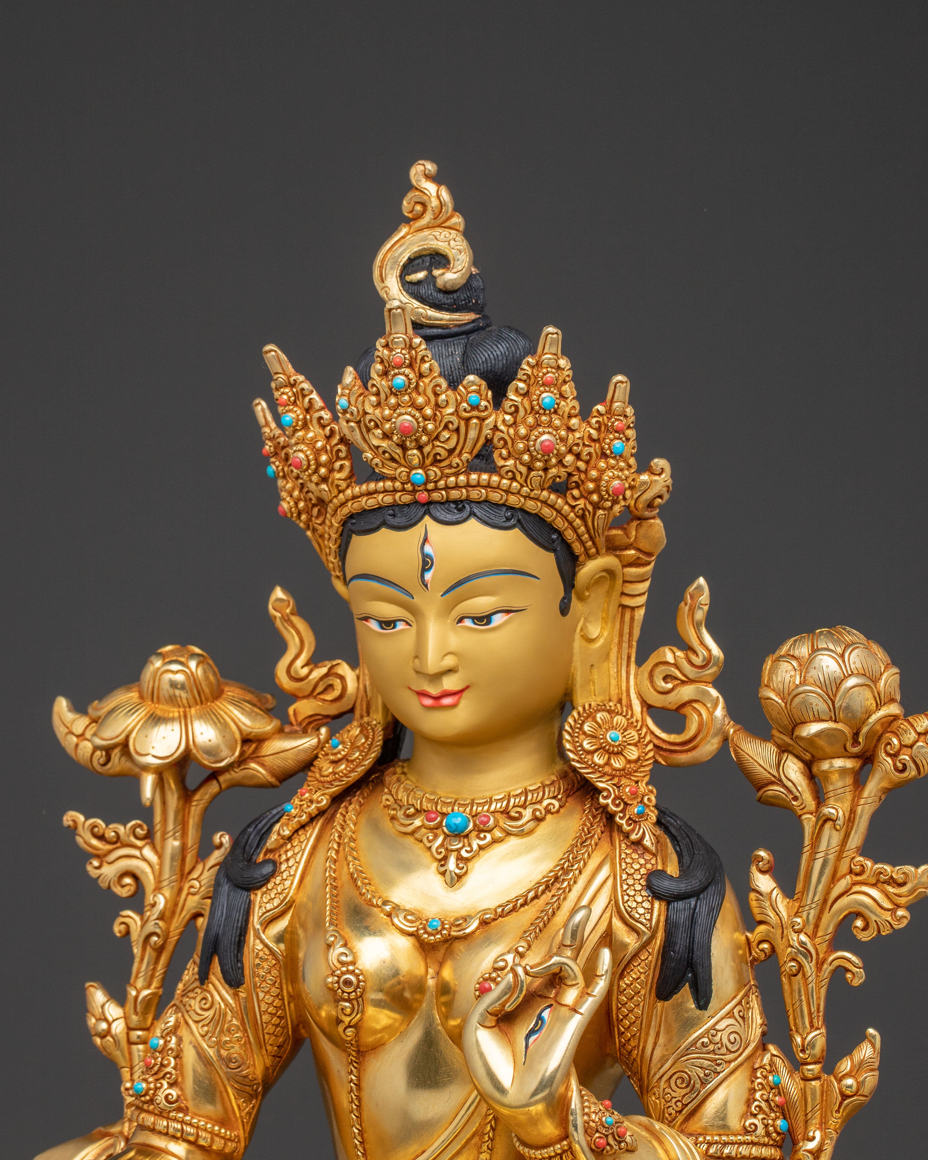 Nepalese White Tara Copper Statue | 24k Gold-Gilded Serenity