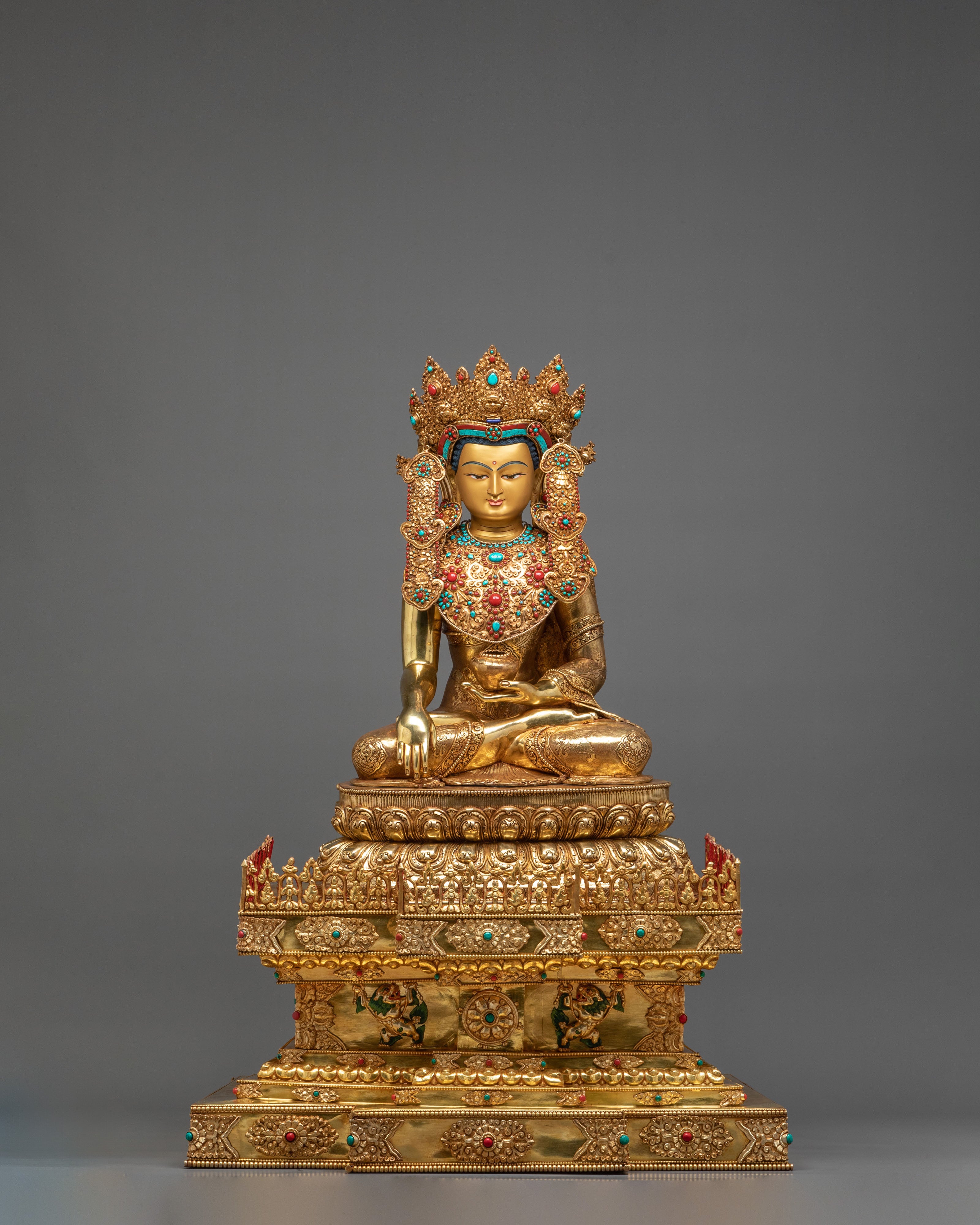 Crown Shakyamuni Buddha Golden Figurine on Throne