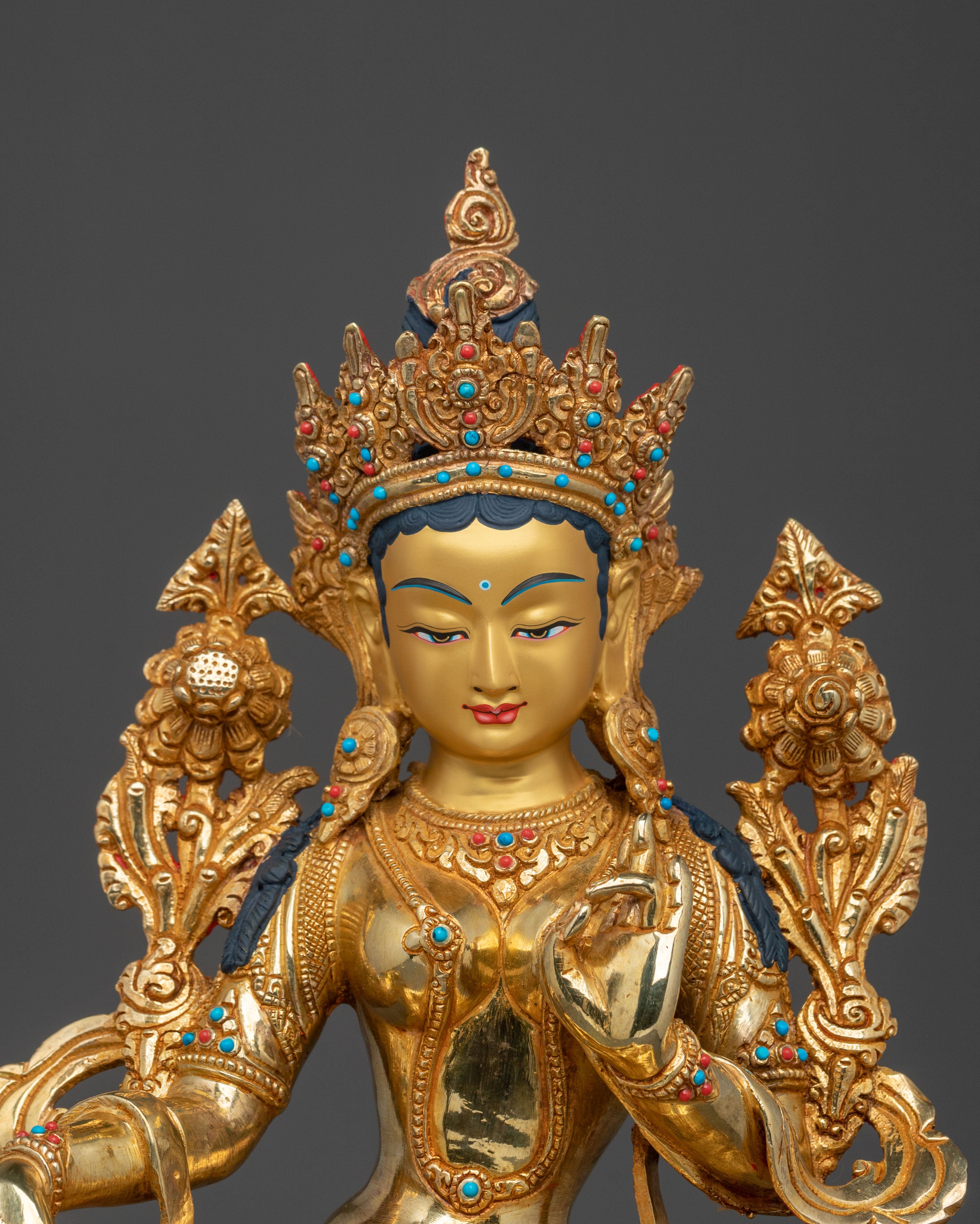 Green Tara Statue: 24K Gold Gilded Buddhist Goddess