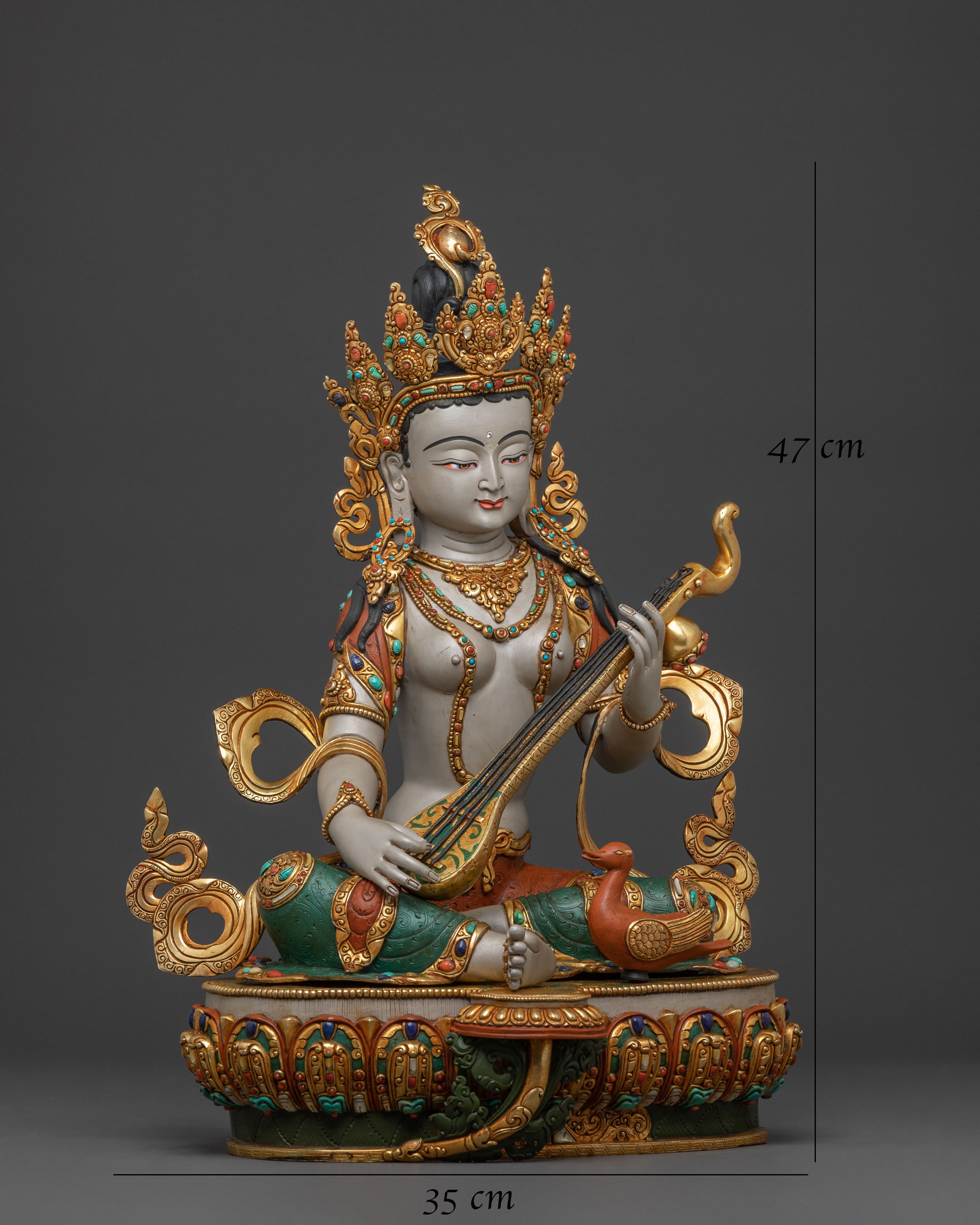 Saraswati Goddess of Knowledge Statue – 24K Gold Gilded Masterpiece