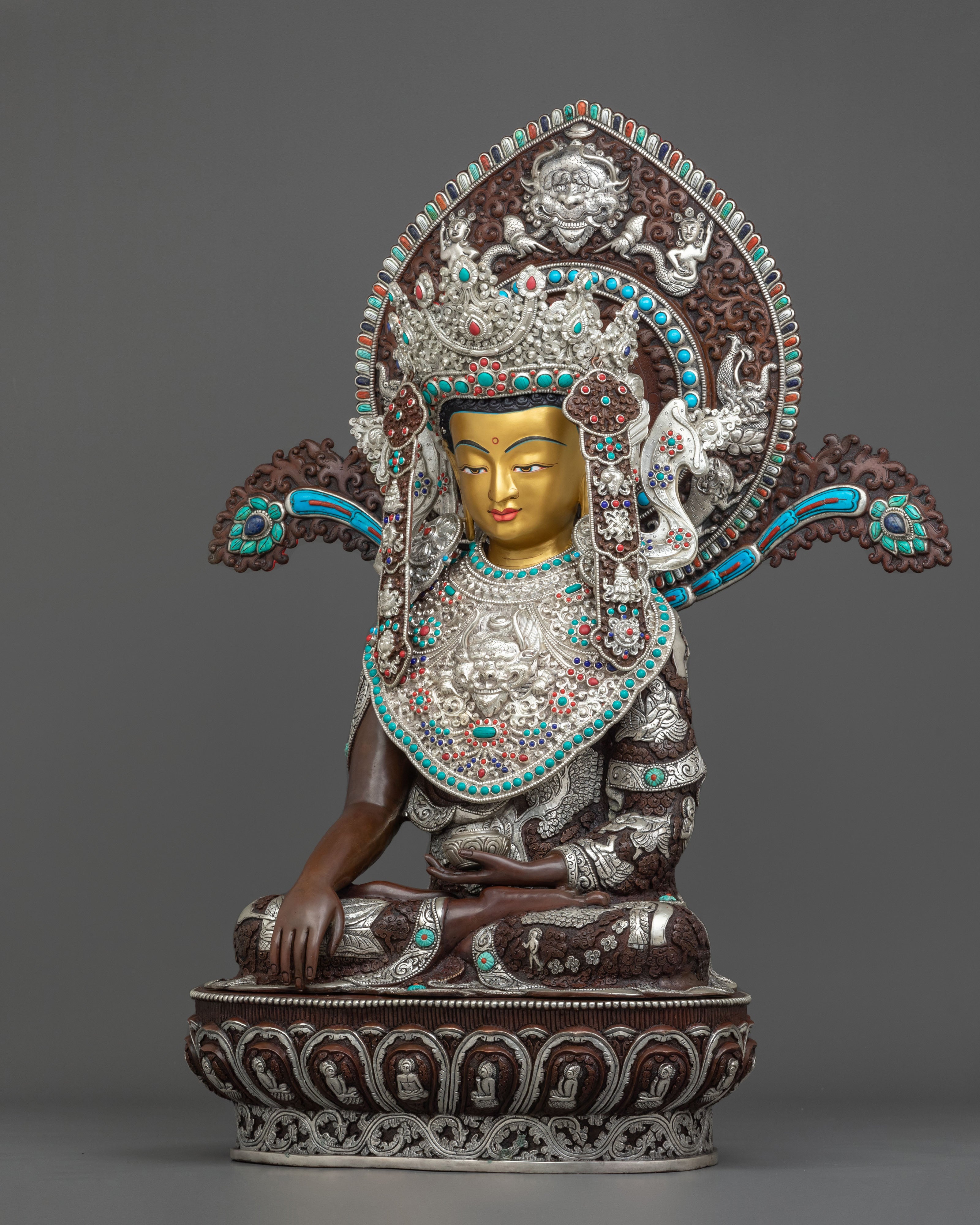 Crown Shakyamuni Buddha Oxidized Sculpture | Silver Plated