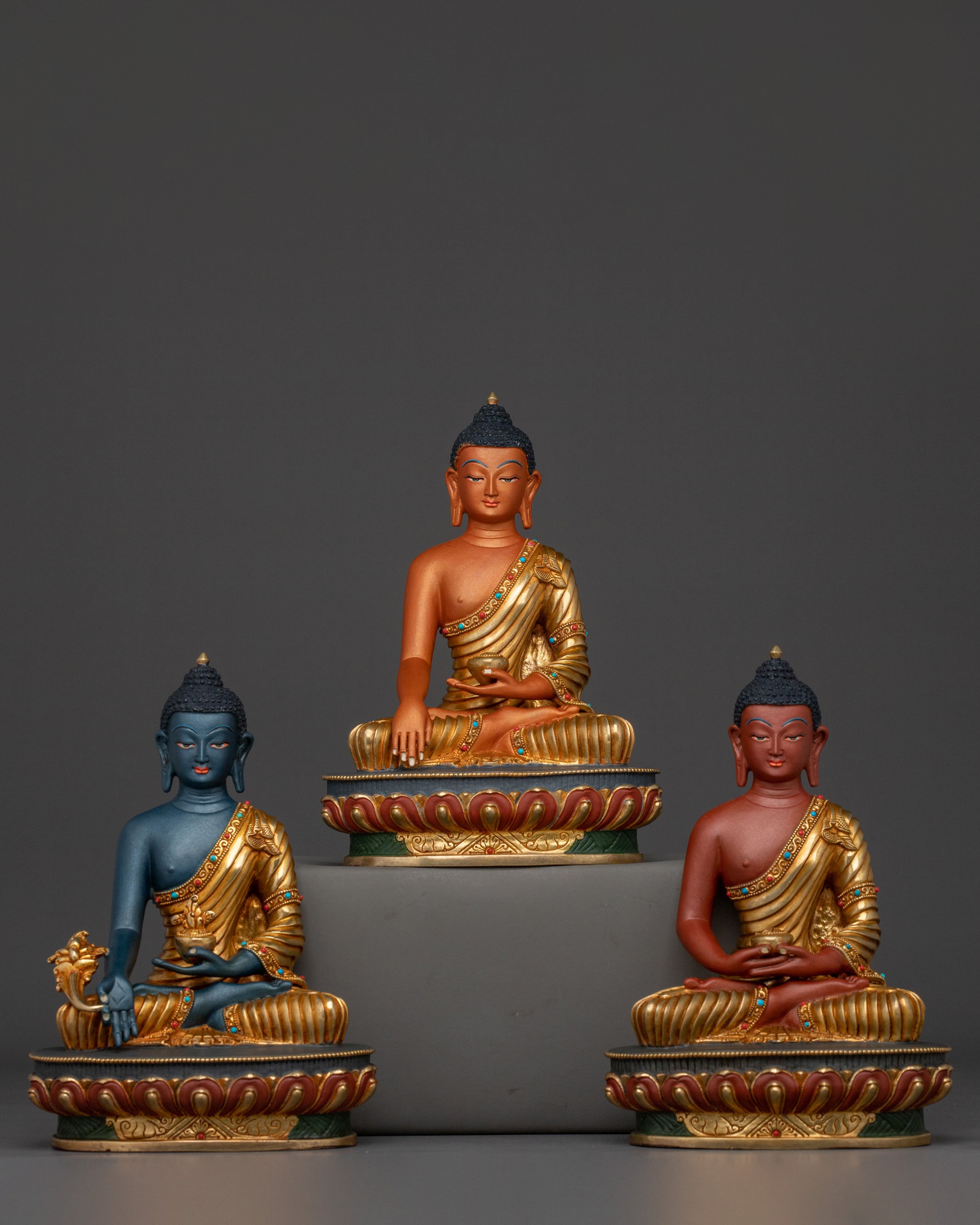 Three Buddhas Altar Statue Set | Sacred Tibetan Buddhist Trio Sculpture
