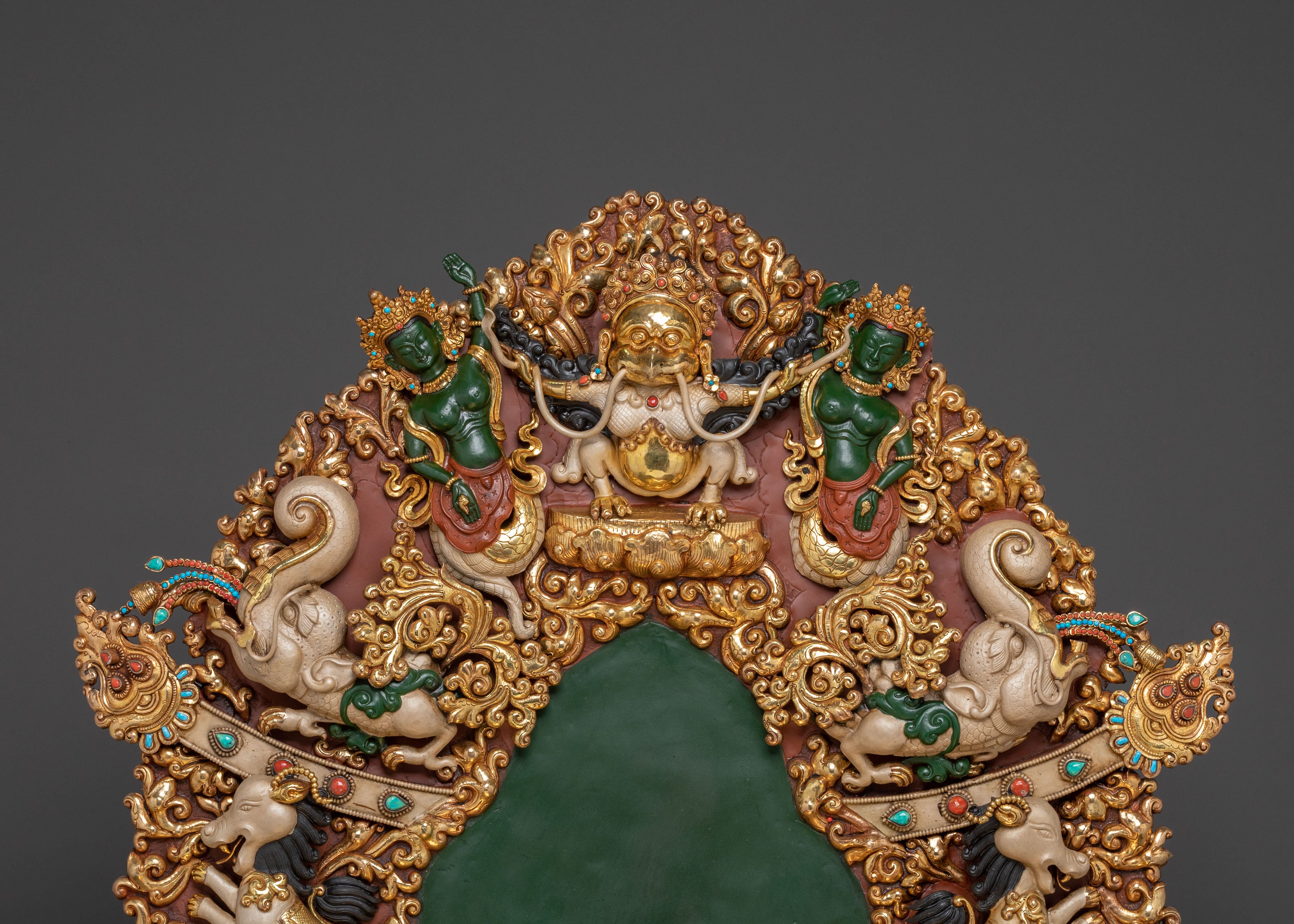 Majestic Chenrezig on Throne Statue with 24k Gold Glided and Gemstones Inlays