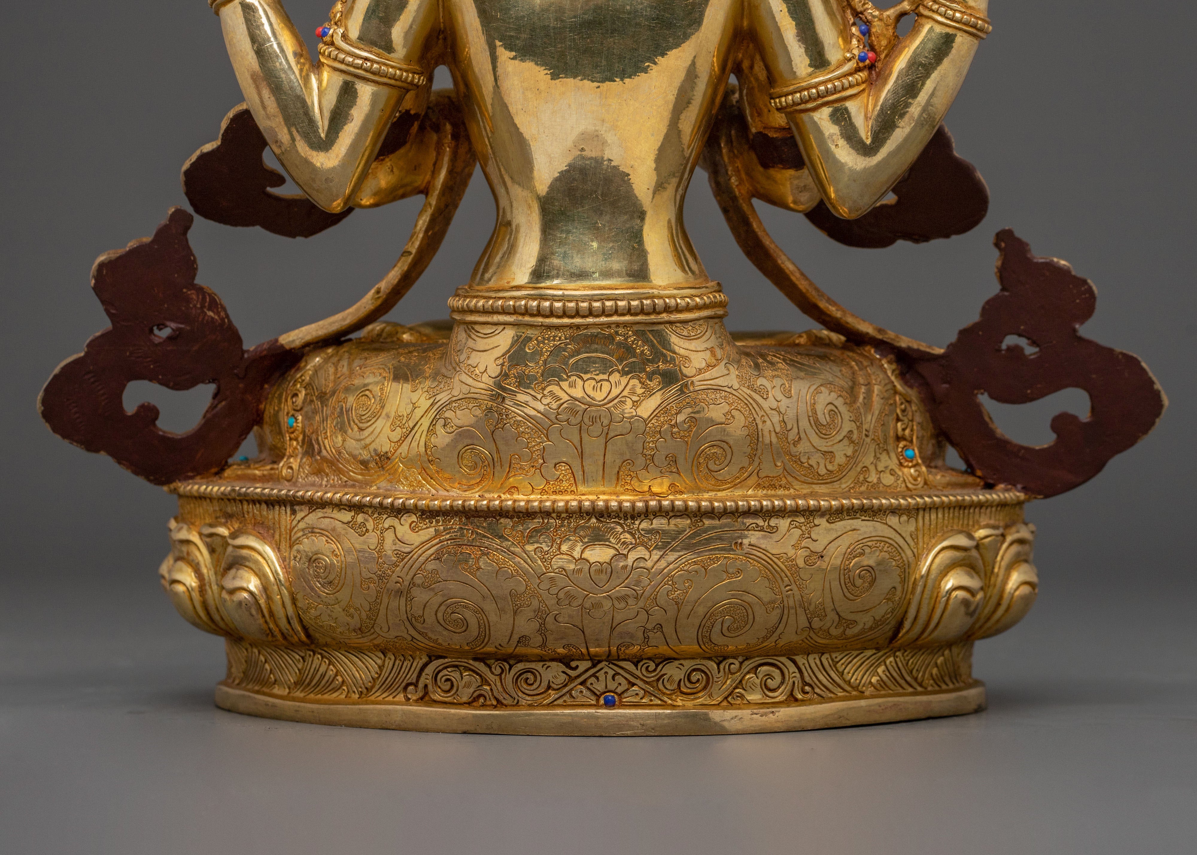 Four-Armed Chenrezig Statue: 24K Gold Gilded Serenity