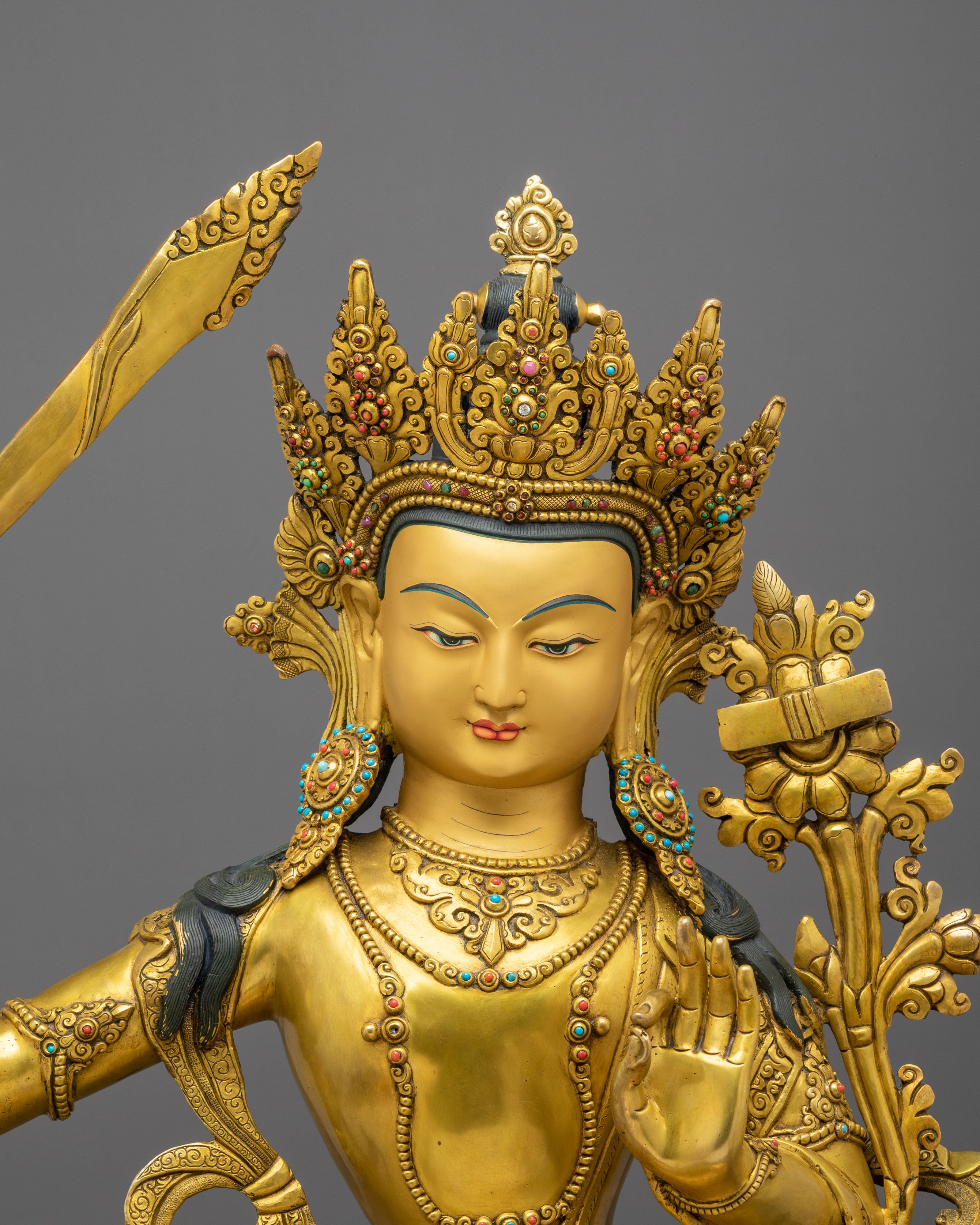 Manjughoṣa Sculpture of Wisdom | 24K Gold Gilded Copper Statue