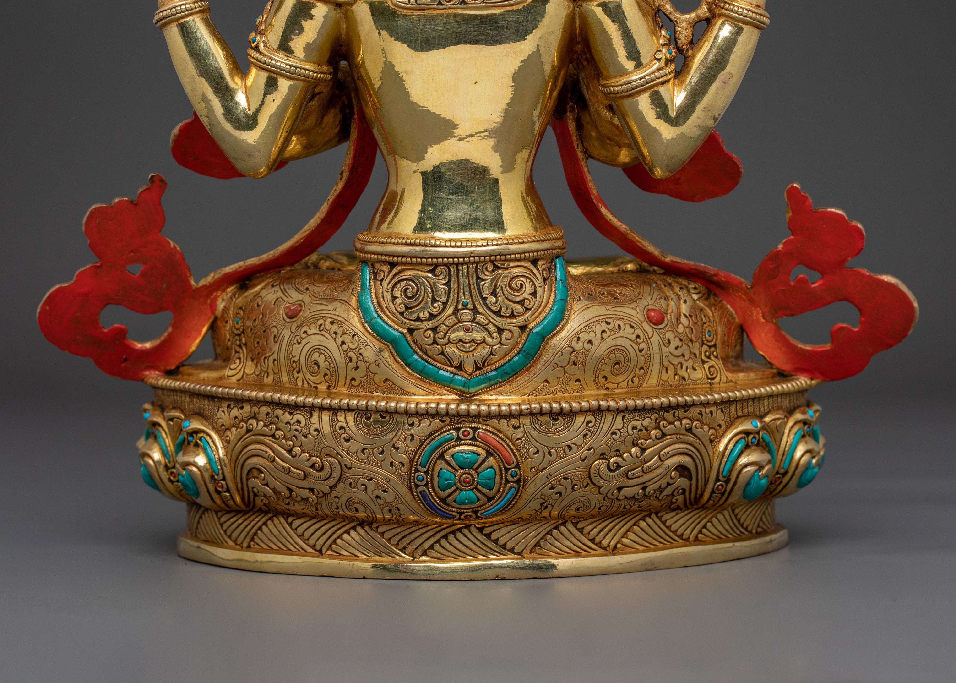 Handcrafted Himalayan Chenrezig Statue with 24K Gold and Fine Gemstones