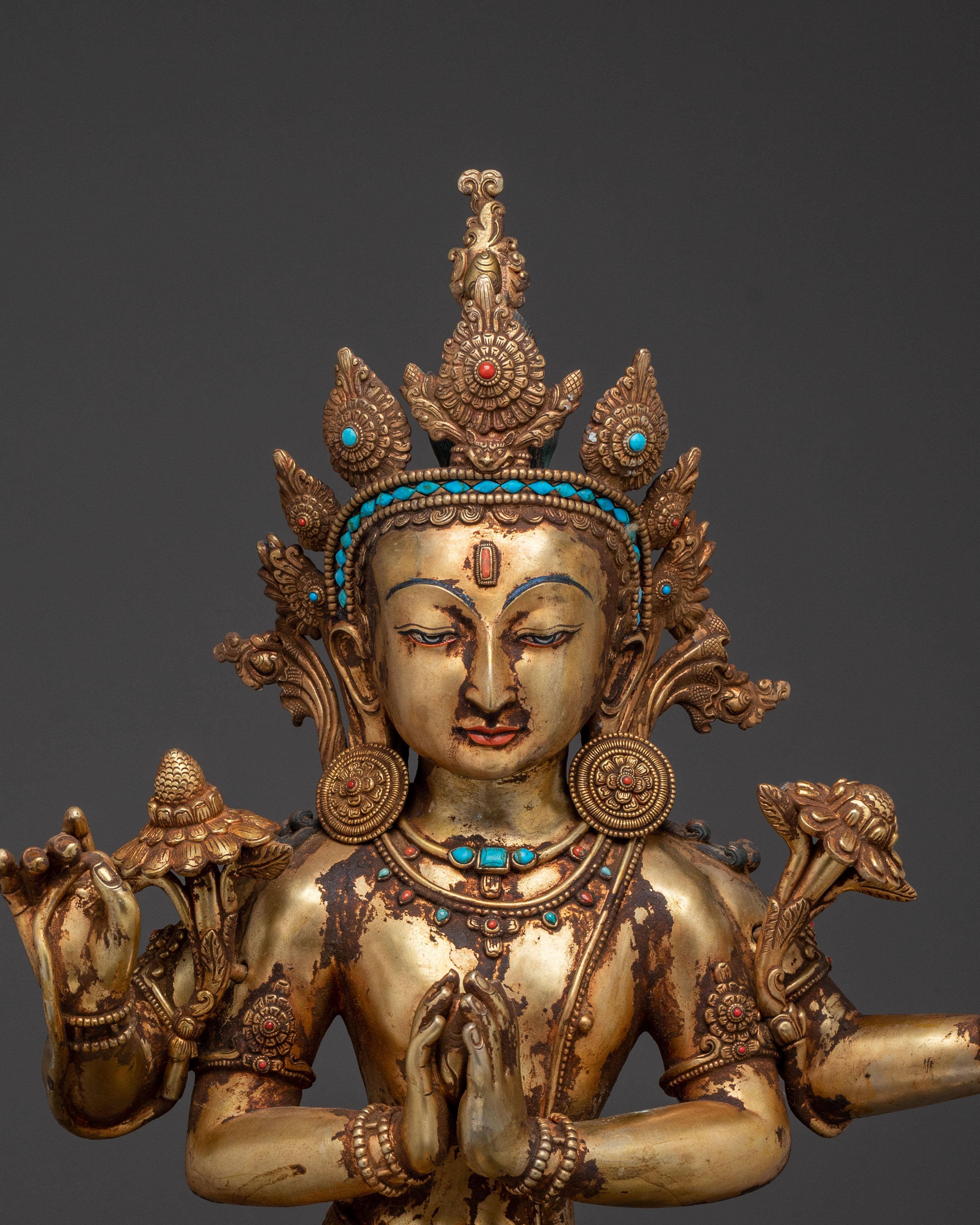 Handcrafted Lokeshwor Blessing Statue | 24K Gold Gilded Antique Statue