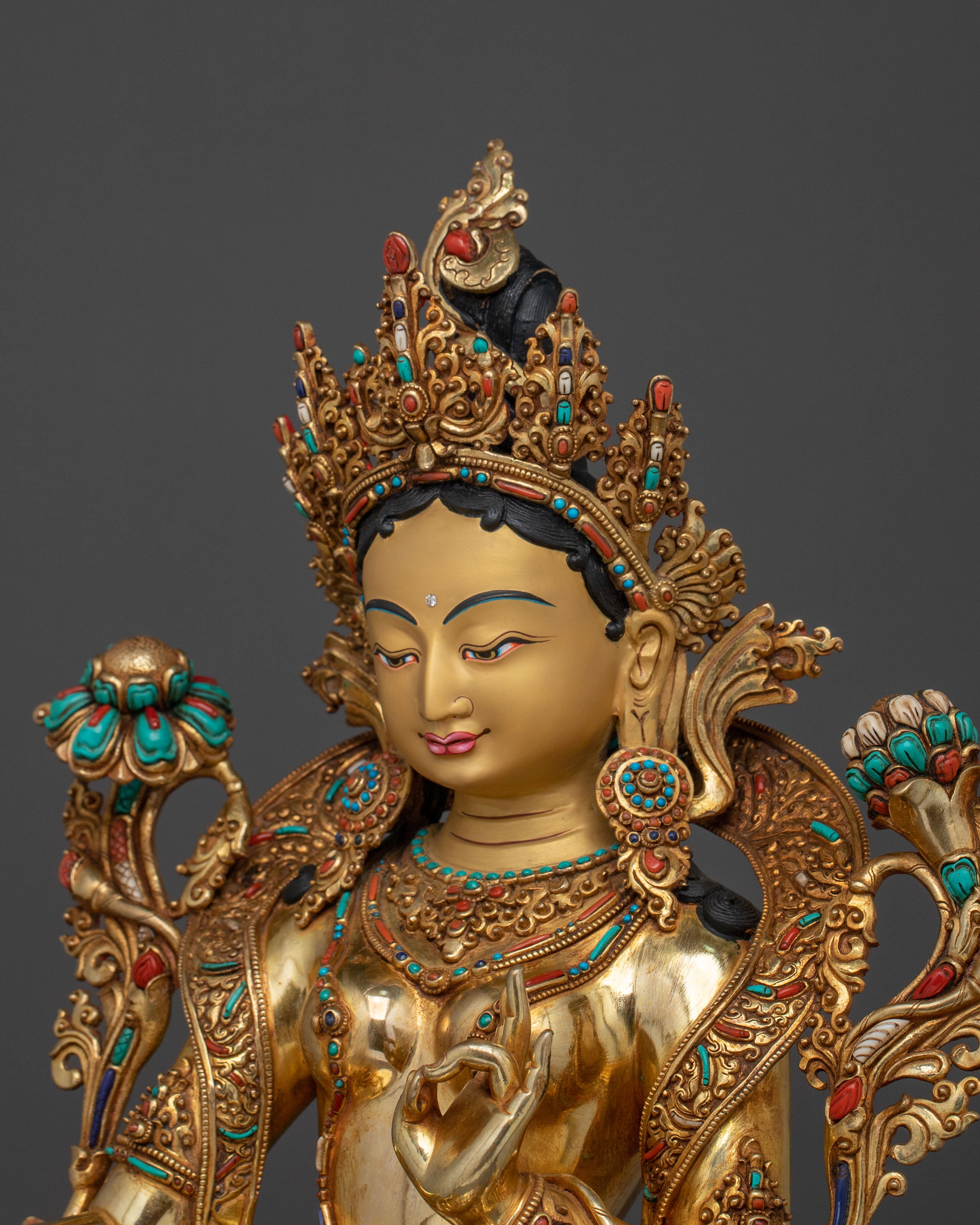 Goddess of Compassion: Green 24K Gold Glided Tara Statue