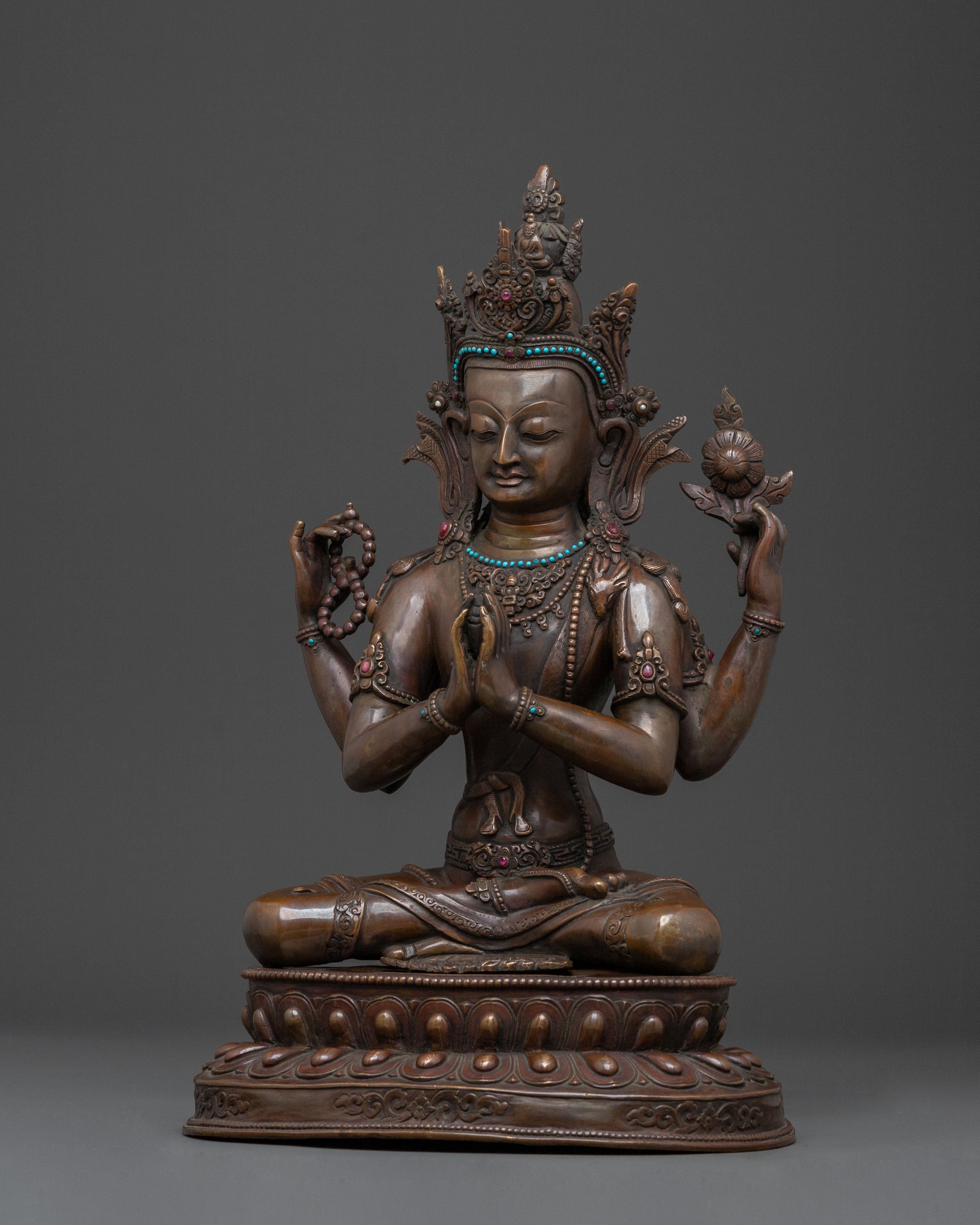 Handcrafted Chenrezig Buddhist Sculpture | Oxidized Copper Statue