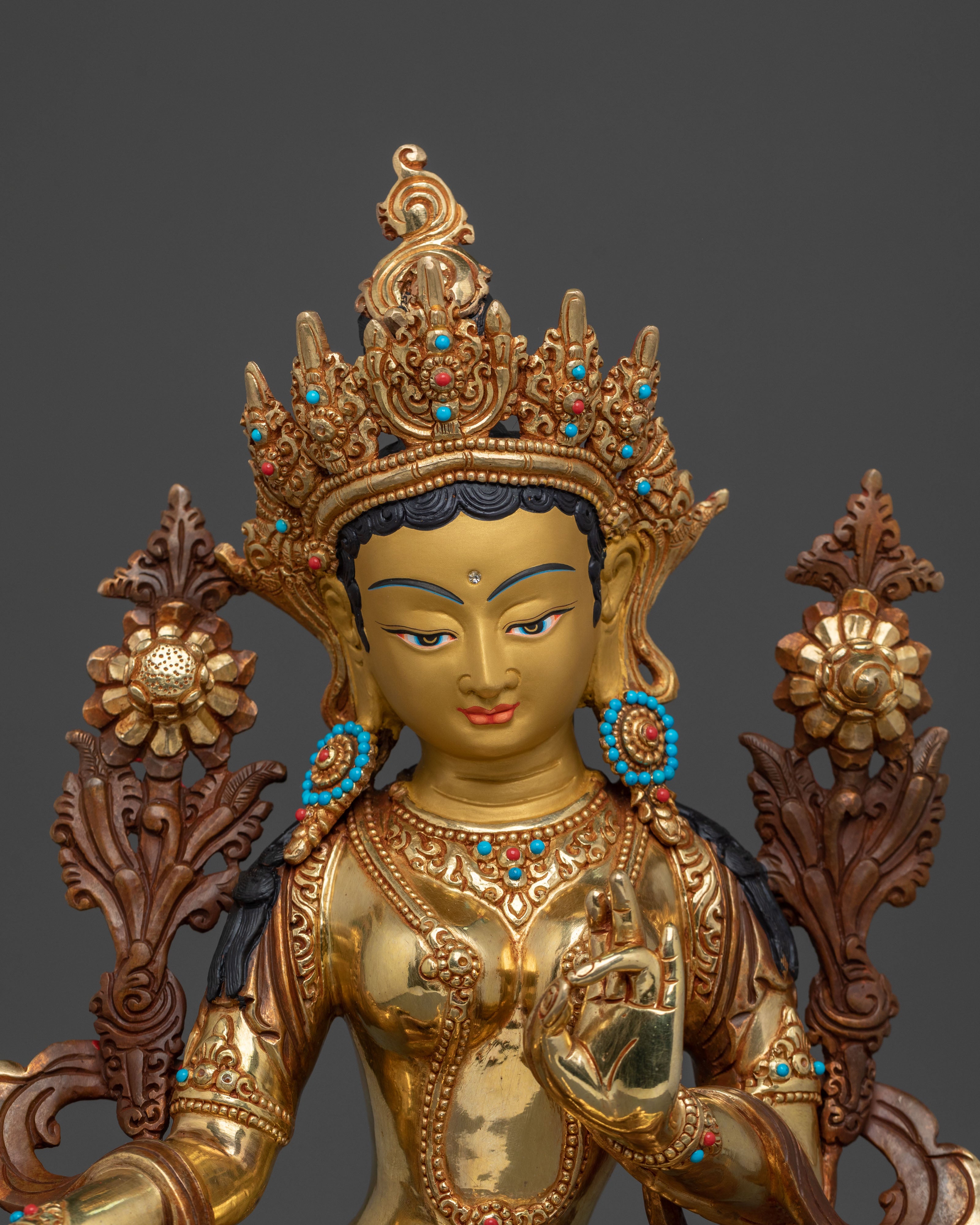 Green Tara Fire Gold Gilded Sculpture | Goddess of Compassion