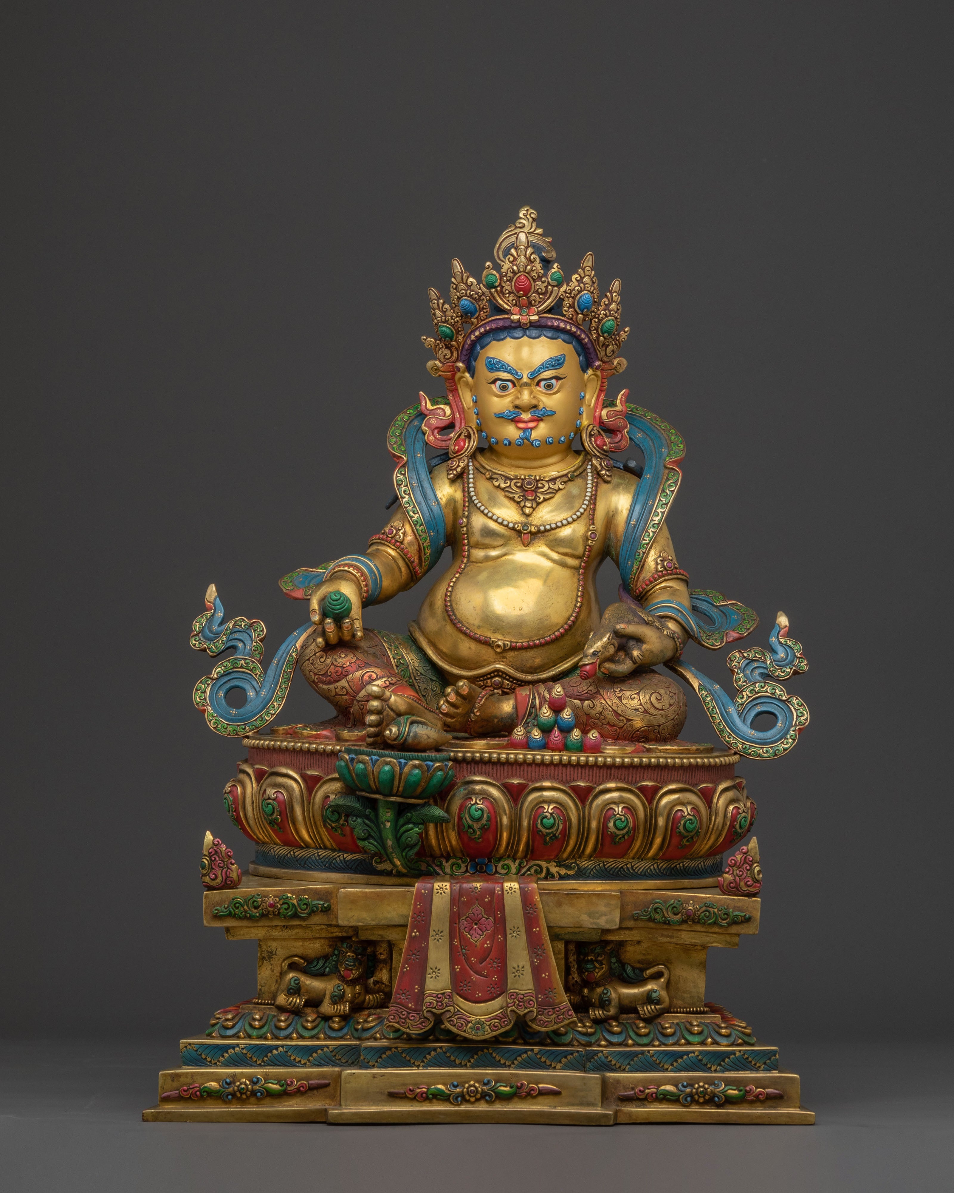 Divine Statue of Dzambhala on Throne: 24K Gold Gilded Masterpiece