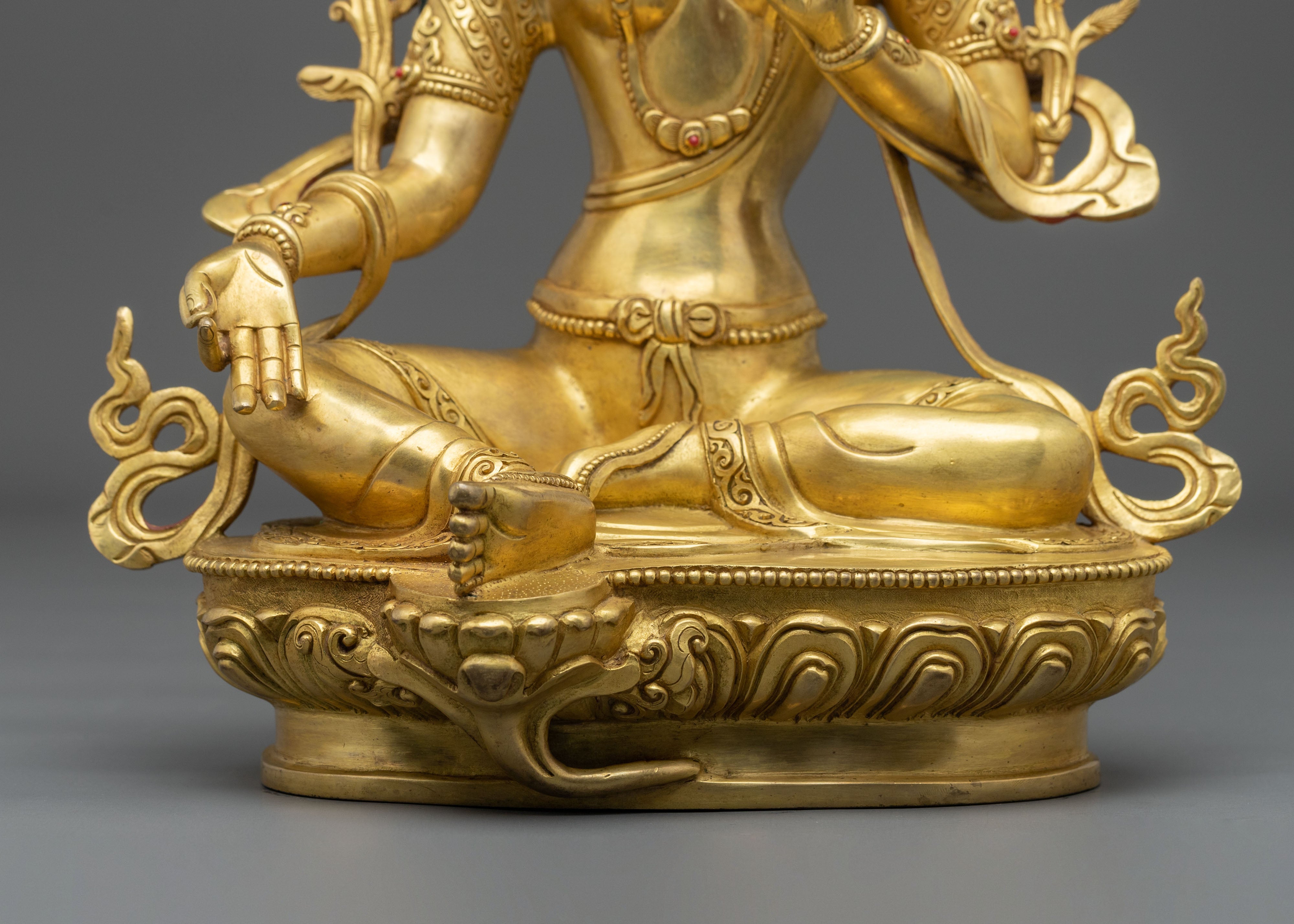 Protector Green Tara Himalayan Sculpture: 24K Gold Gilded