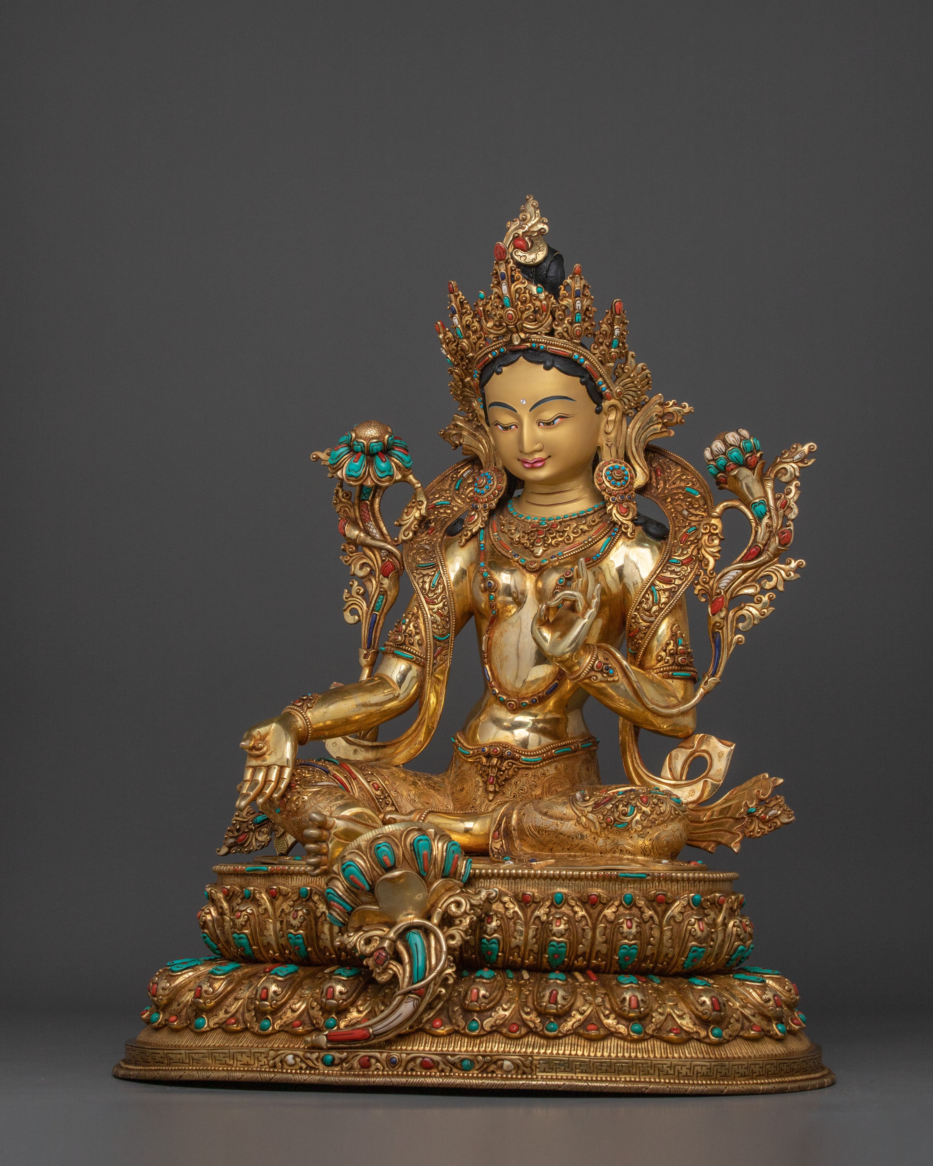Goddess of Compassion: Green 24K Gold Glided Tara Statue