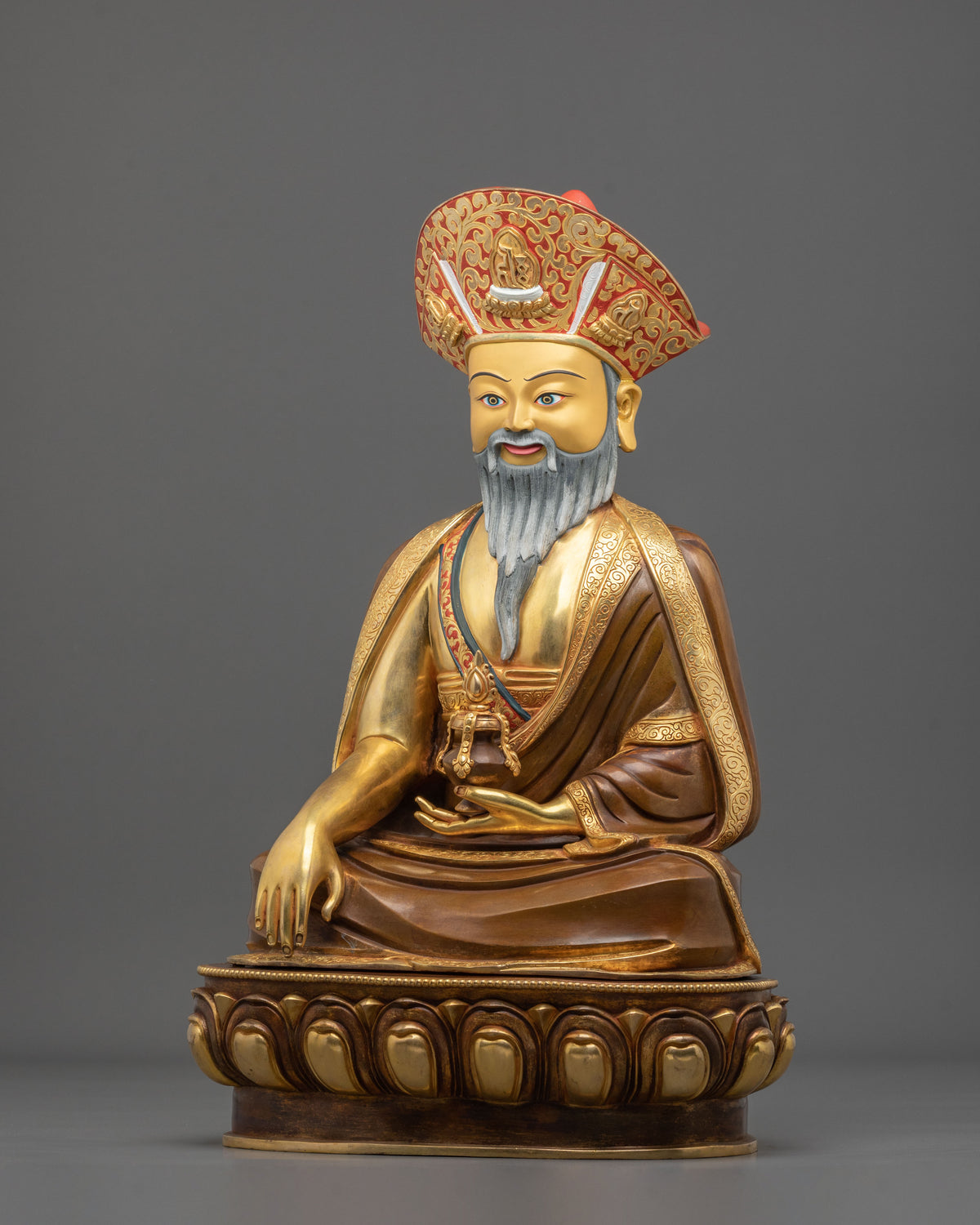 Buddhist Master Guru Shapdum Sculpture | 24K Gold Gilded Copper Statue