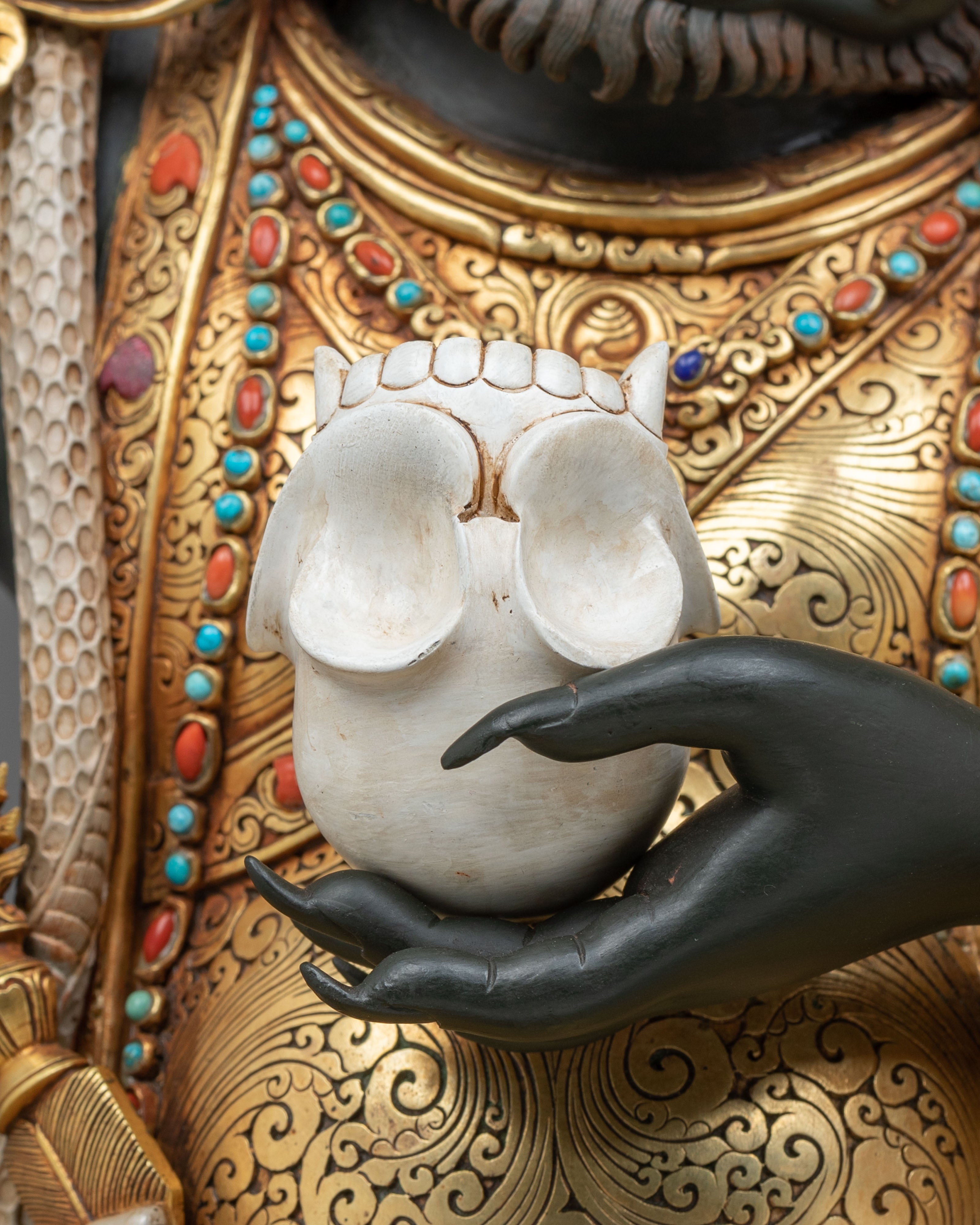 Mahakala Bernakchen Sacred Tibetan Sculpture | Gemstone-Adorned Copper Statue