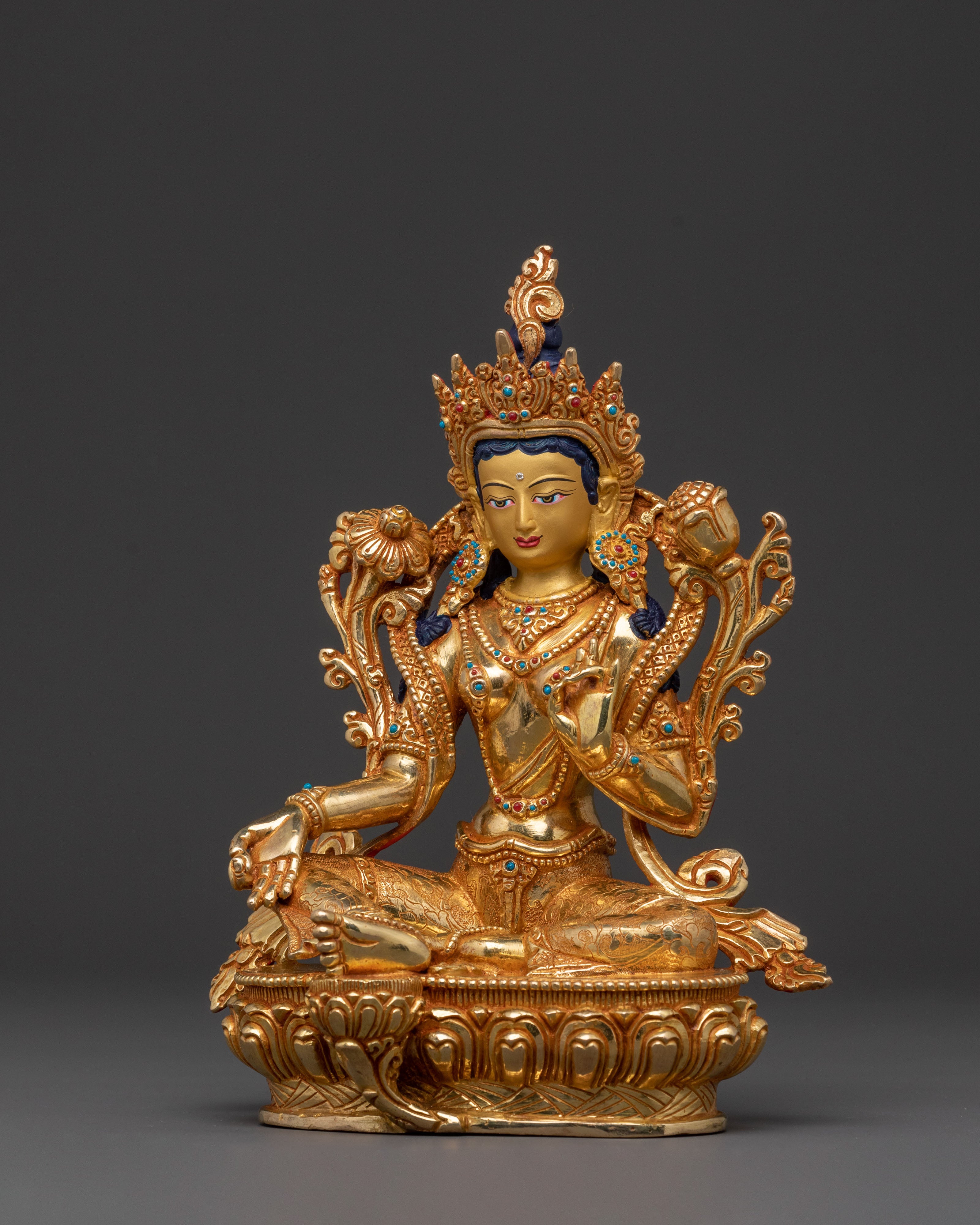 Green Tara Statue | 24K Gold Gilded Figure
