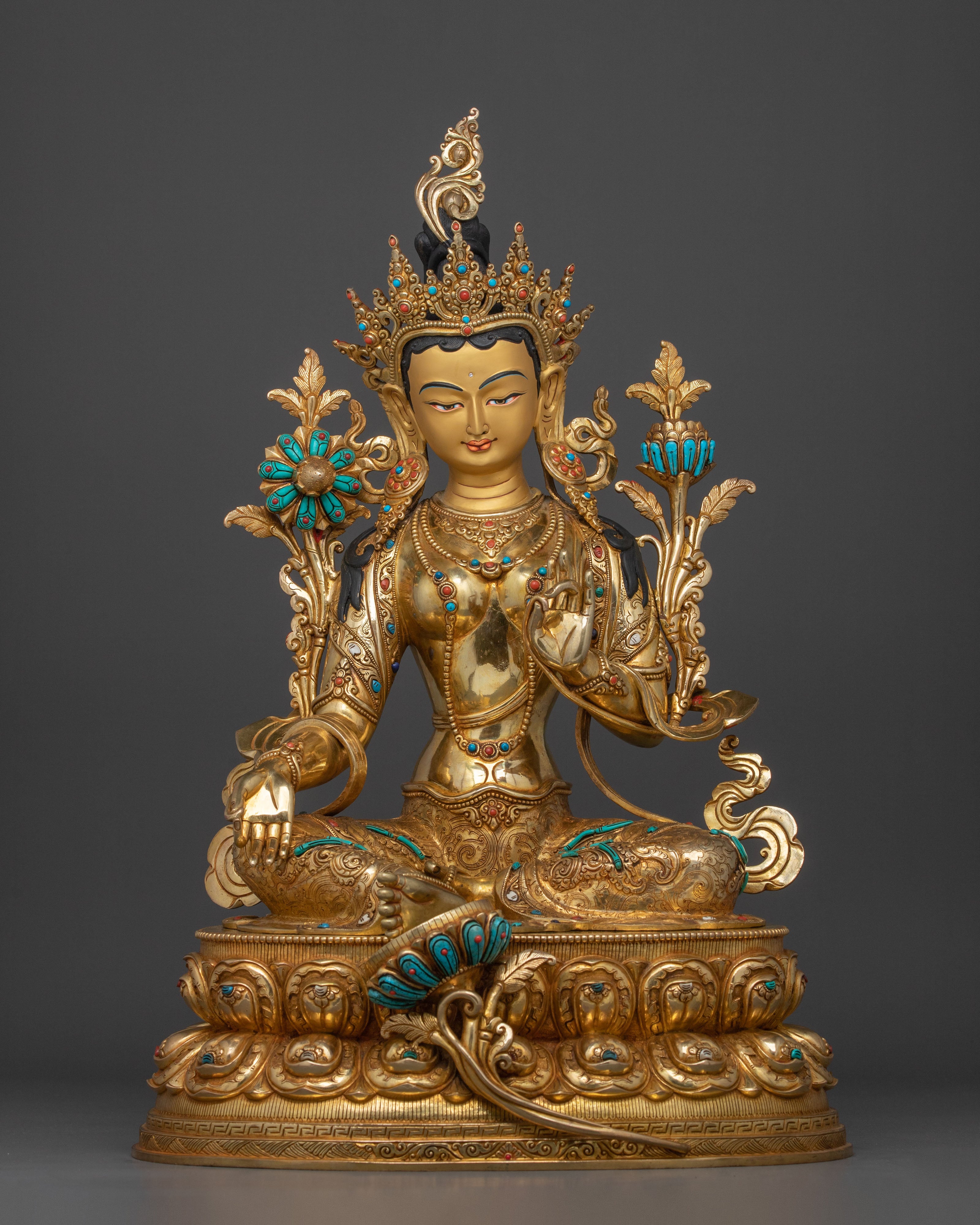 Goddess Green Tara Fire Gold Gilded Statue: Symbol of Compassion