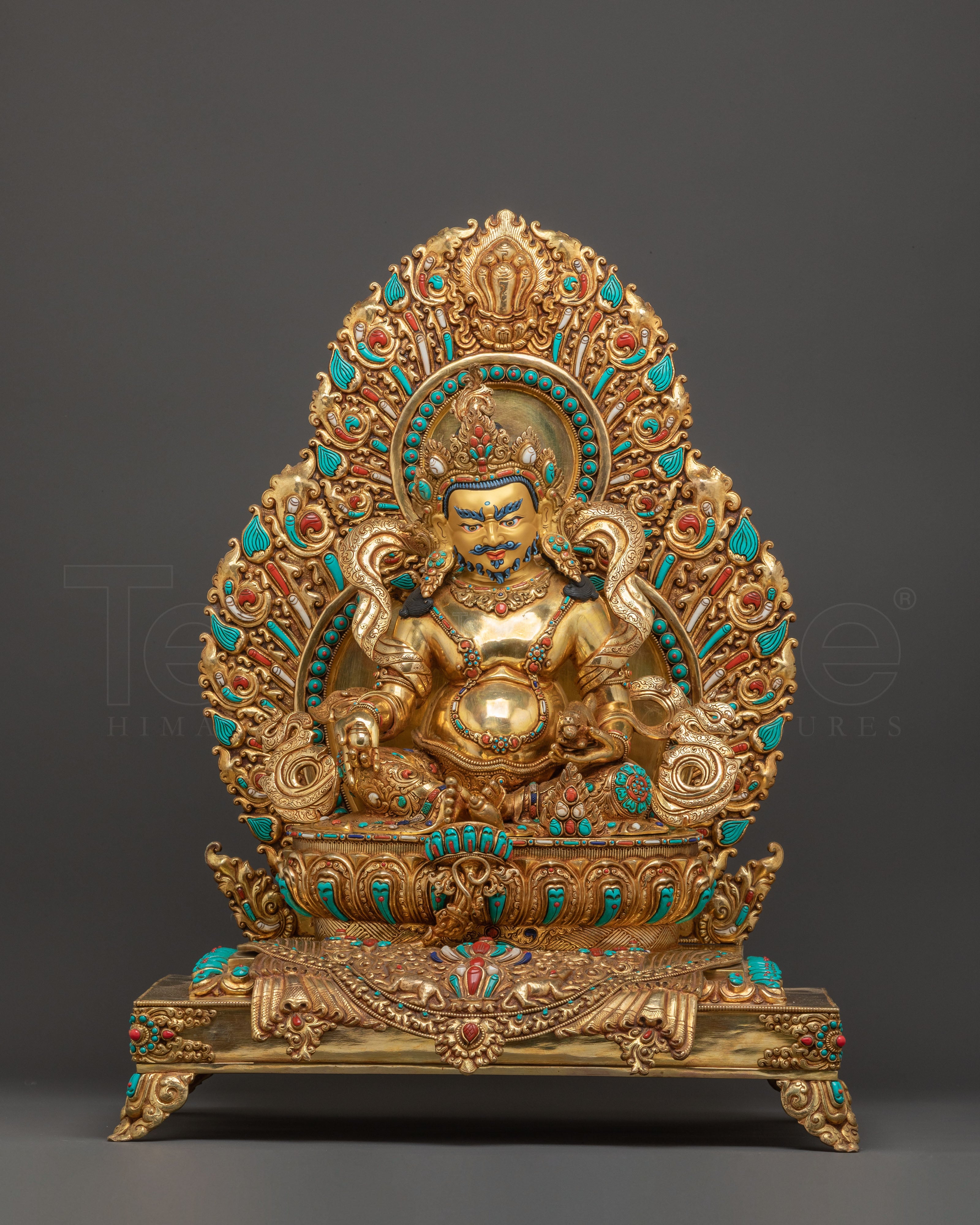 Majestic Dzambhala on Throne Handmade Statue – 24K Gold Gilded