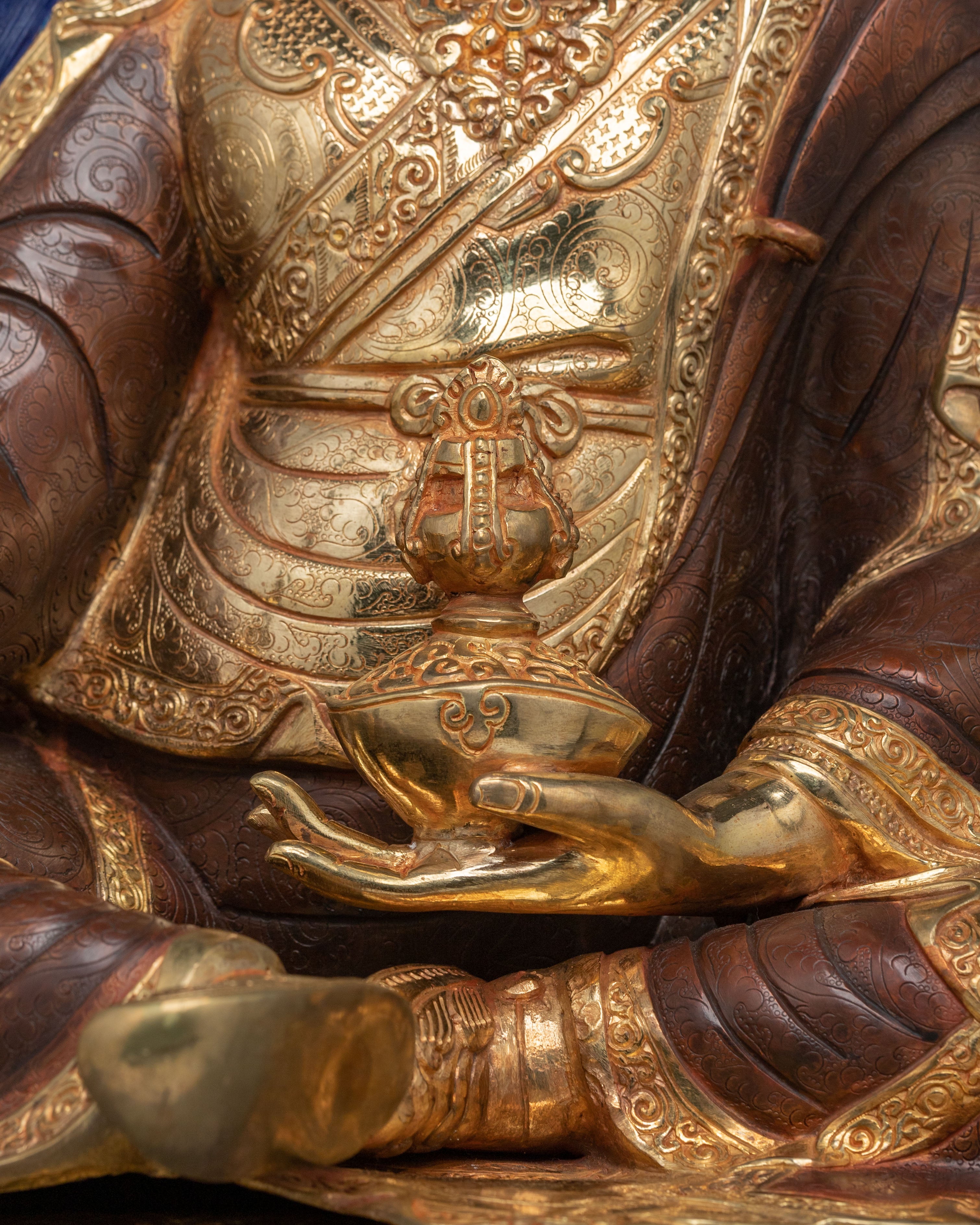 Guru Rinpoche Buddhist Altar Decor Statue in Pure 24K Gold