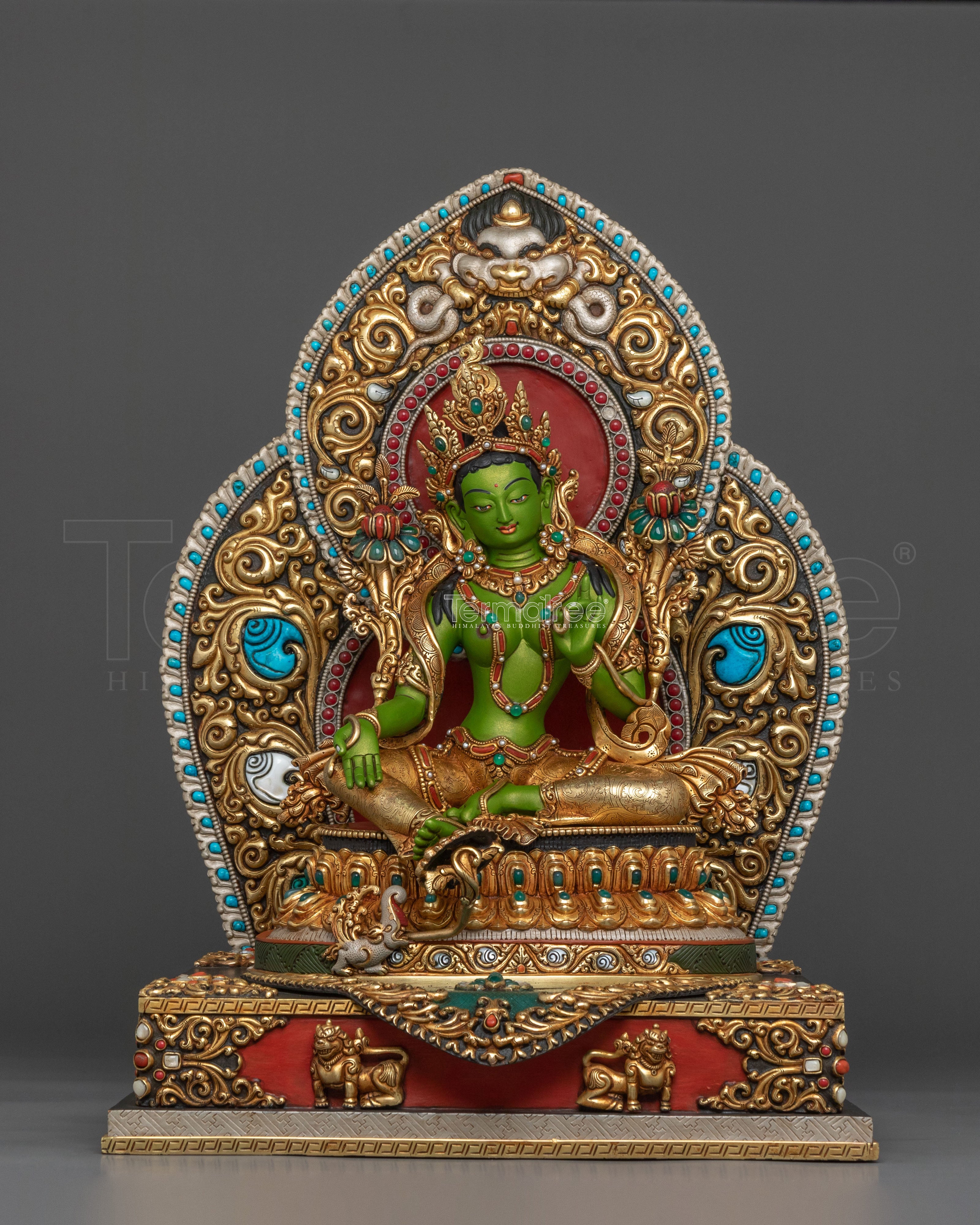 Green Tara Statue On Throne